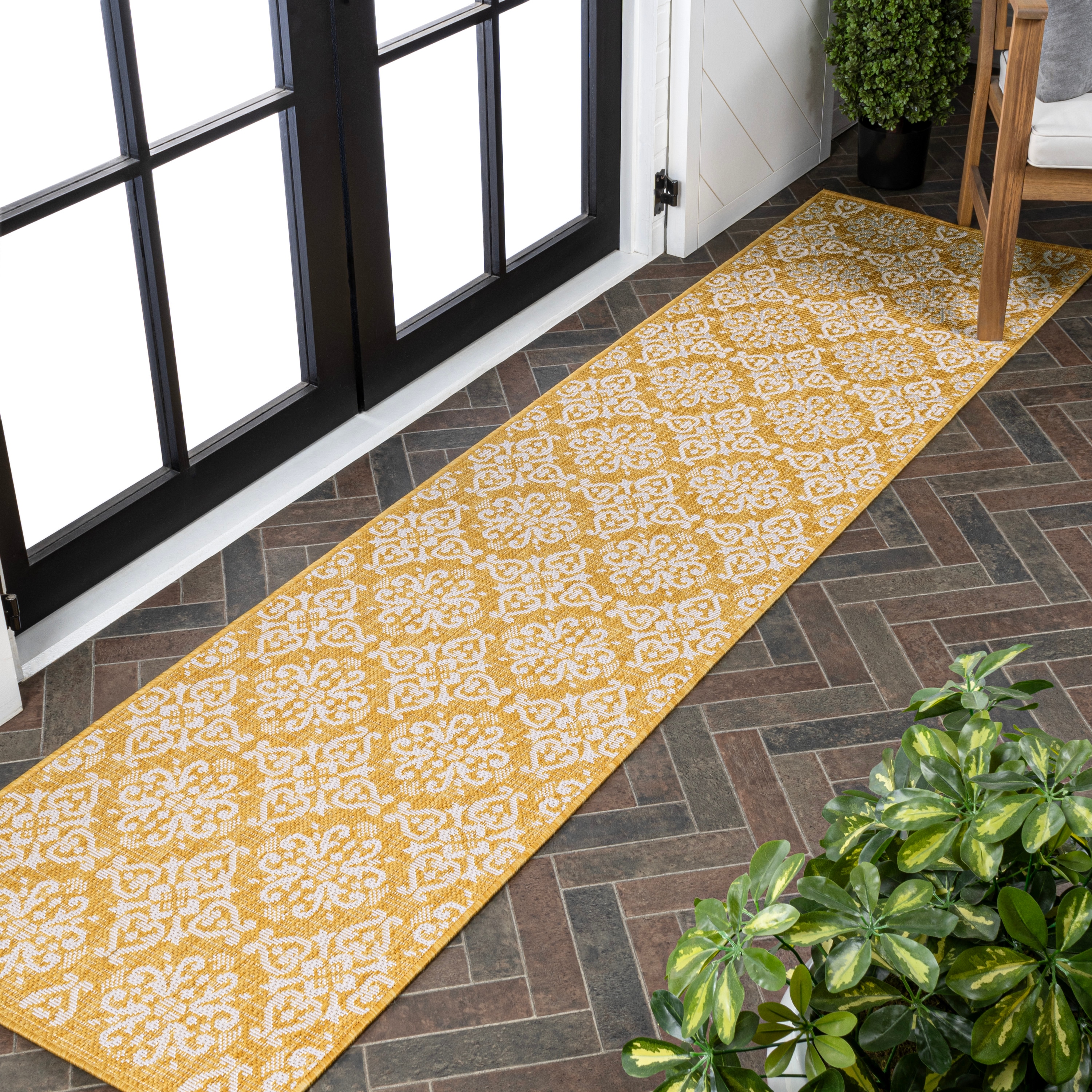 JONATHAN  Y TSN206C-28 TUSCAN SUN Amora Mediterranean Tile Design 2 x 8 (ft) Loomed Polypropylene Yellow/Cream Rectangular Indoor/Outdoor Floral/Botanical Farmhouse/Cottage Runner rug