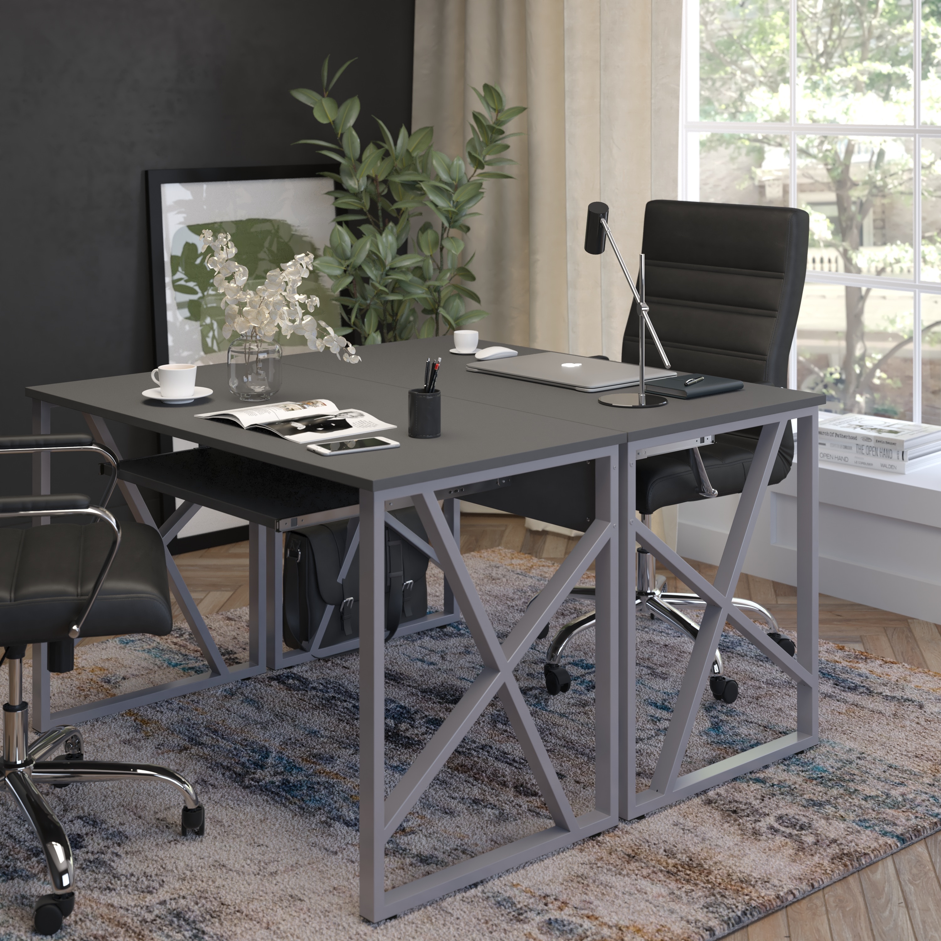 Black Laminate Rectangular Desk with Pull-Out Keyboard Tray