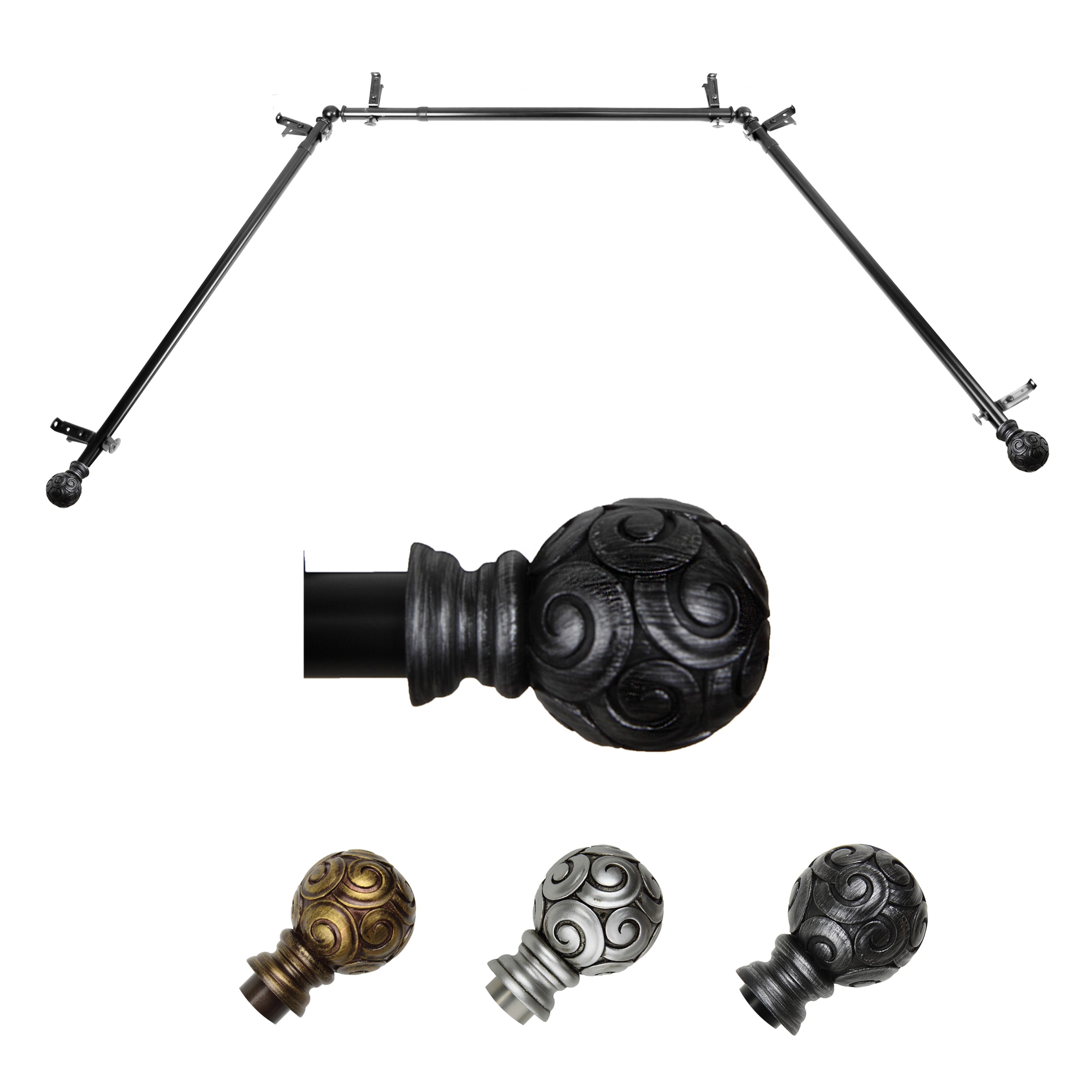 Hart & Harlow L-ABAY-17-2 Lillian 13/16-in Bay Black Steel Bay window curtain rod with Finials
