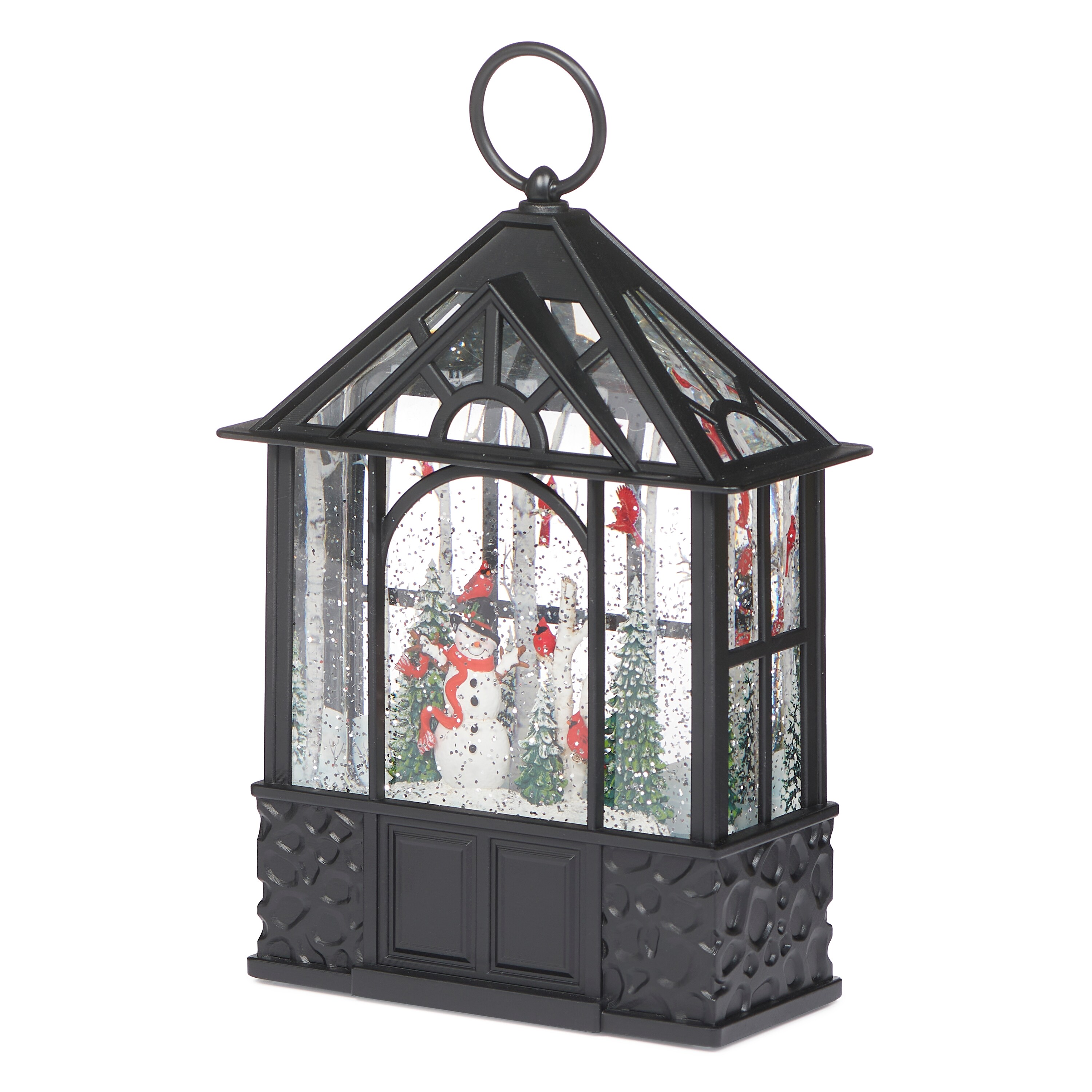 9.75-inch Black Lighted Christmas Snowman and Cardinals Gazebo Centerpiece