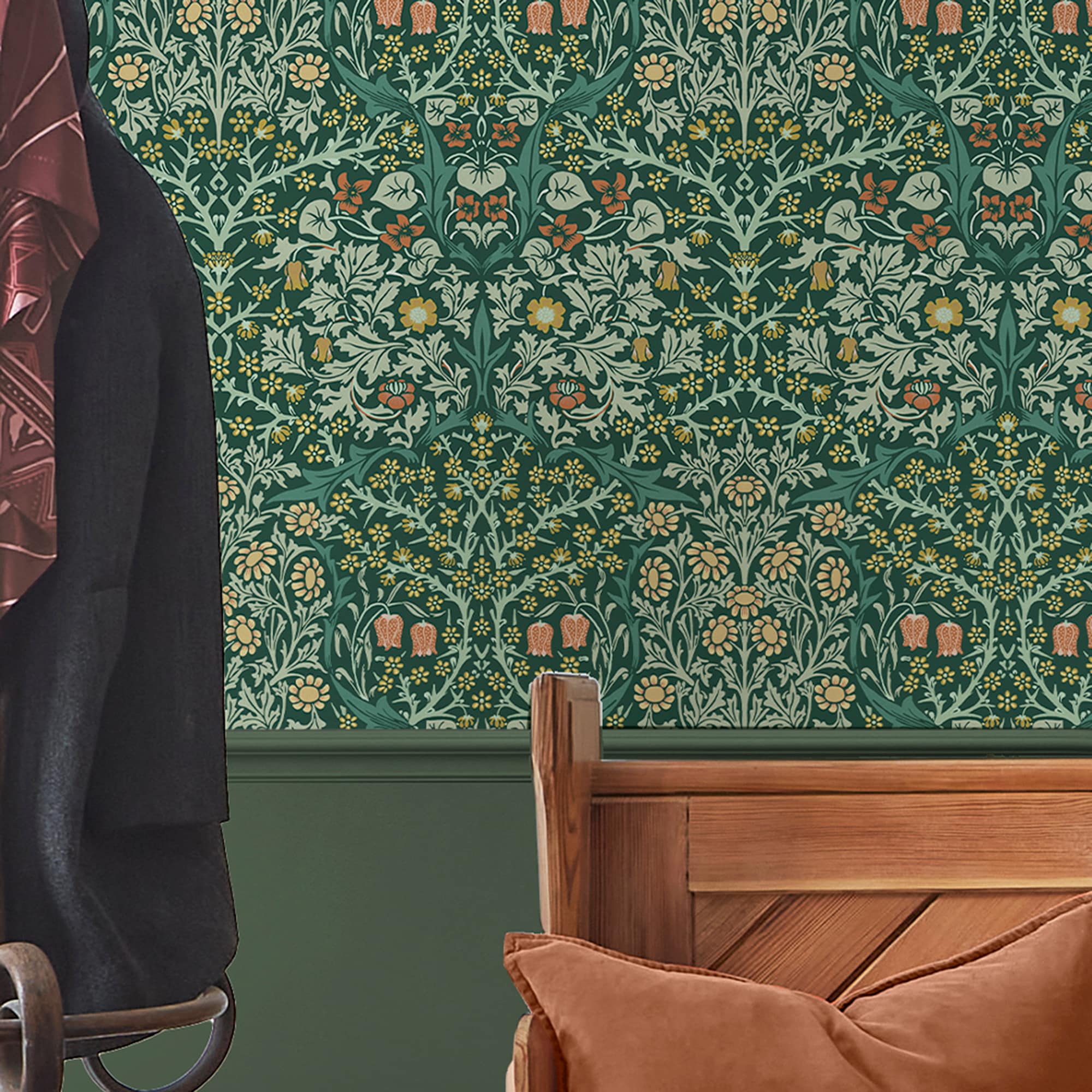 William Morris Deep Green Floral Vinyl Wallpaper Double Roll