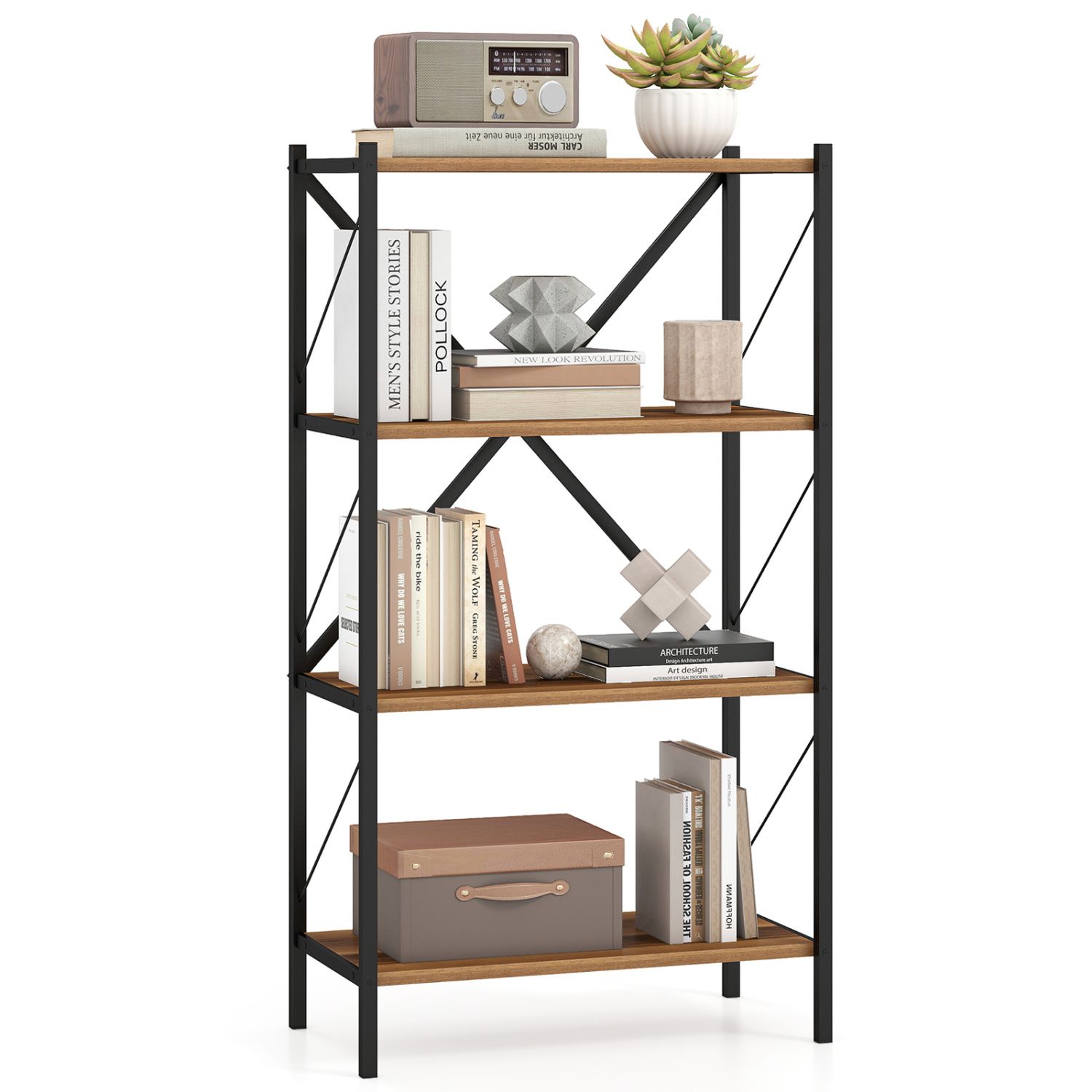 Slickblue - Freestanding White/Walnut Bookshelf with 4 Shelf and X Brace Metal Frame for Living R...
