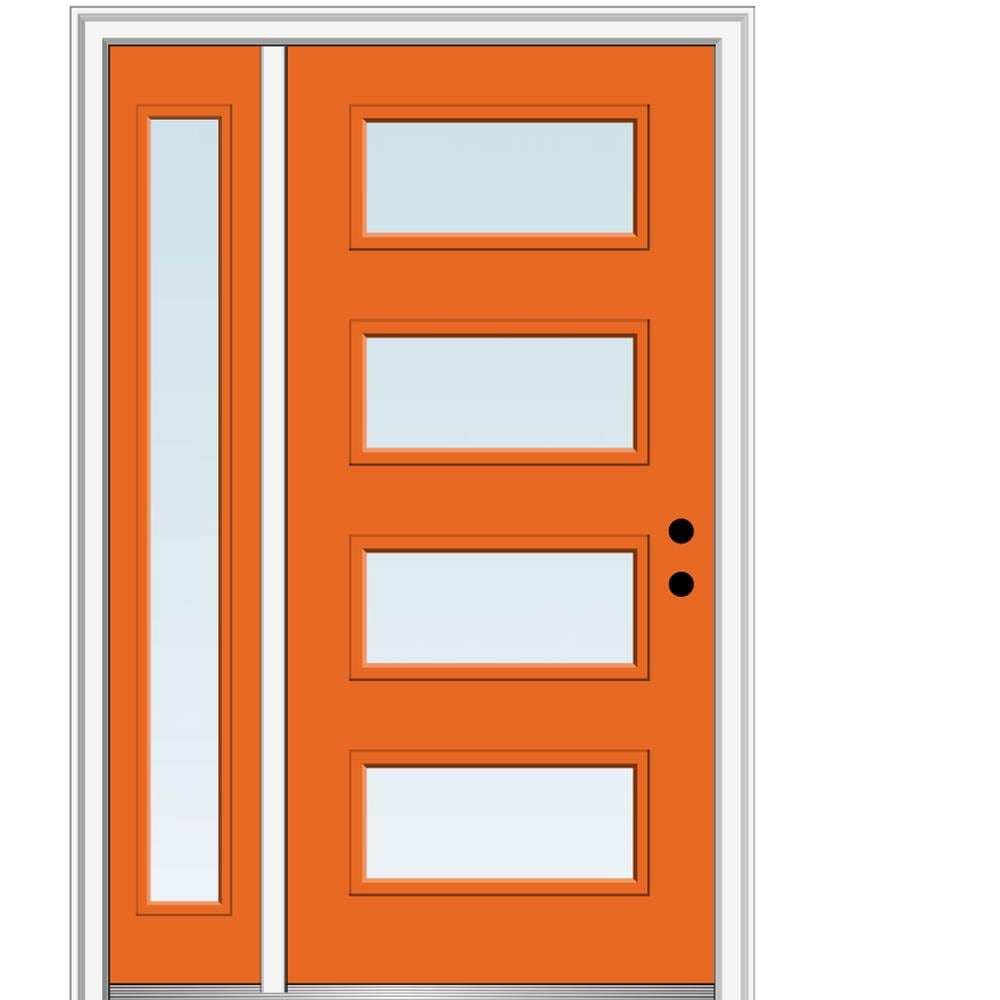 MMI DOOR ZZ348281L Spotlights 50-in x 80-in x 6-9/16-in Fiberglass Pulse lite Left-hand inswing Tangerine Painted Prehung Front Door with Left Sidelight with Brickmould Insulating core