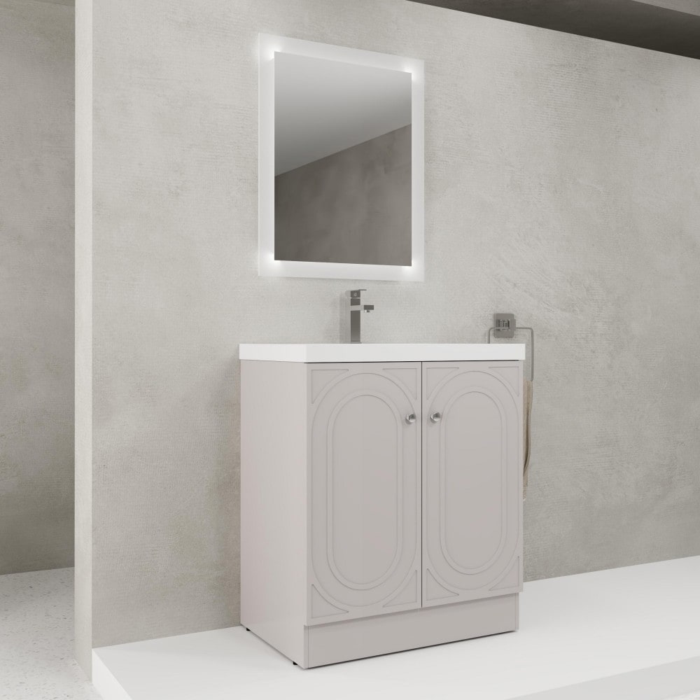 Basdien 29 in Light Gray Freestanding Bathroom Vanity With White Resin Sink and Soft Closing Doors Modern Plywood Construction Adjustable Shelf Ample Storage Space 2 Package Included Faucet Drain Pop Up Back Splash Mounting Bracket Not Include