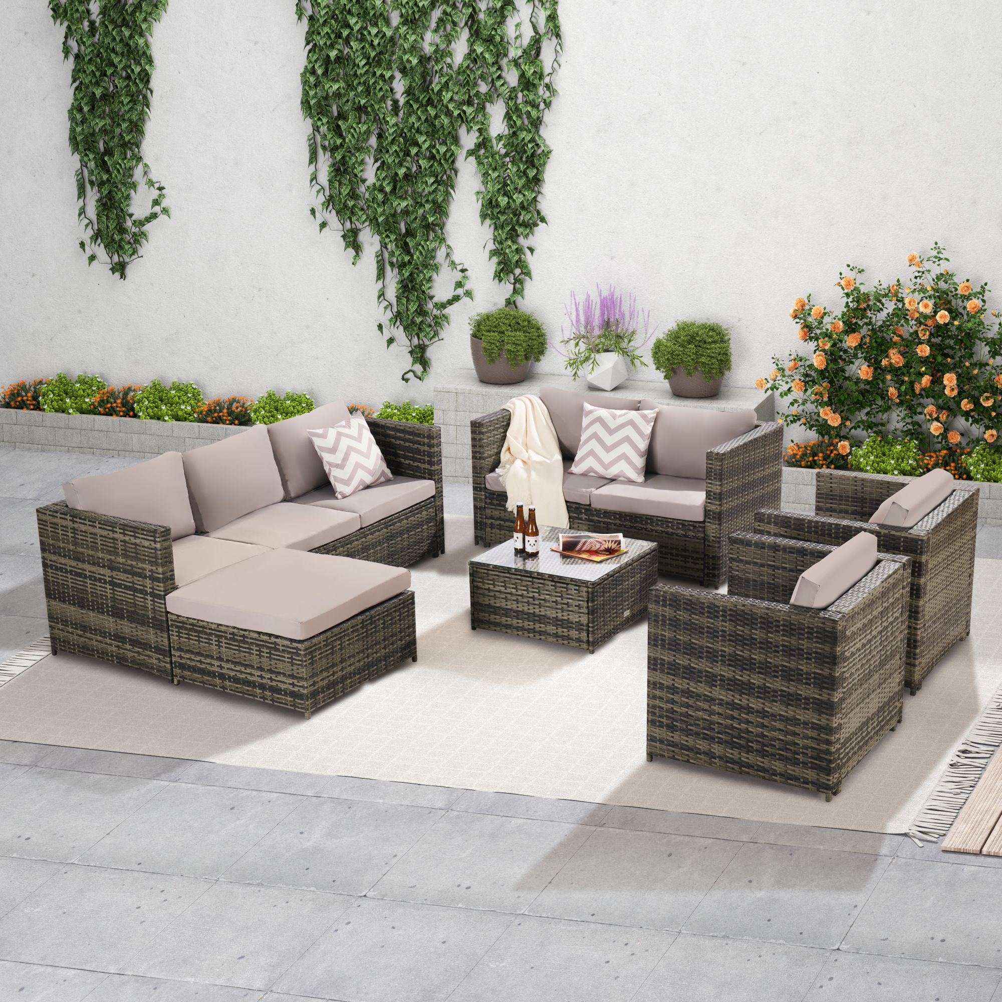 SANSTAR LRS-PTO068LY 6 -Piece Rattan 2 Patio Sofa Conversation Set with Gray solution-dyed fabric Cushions