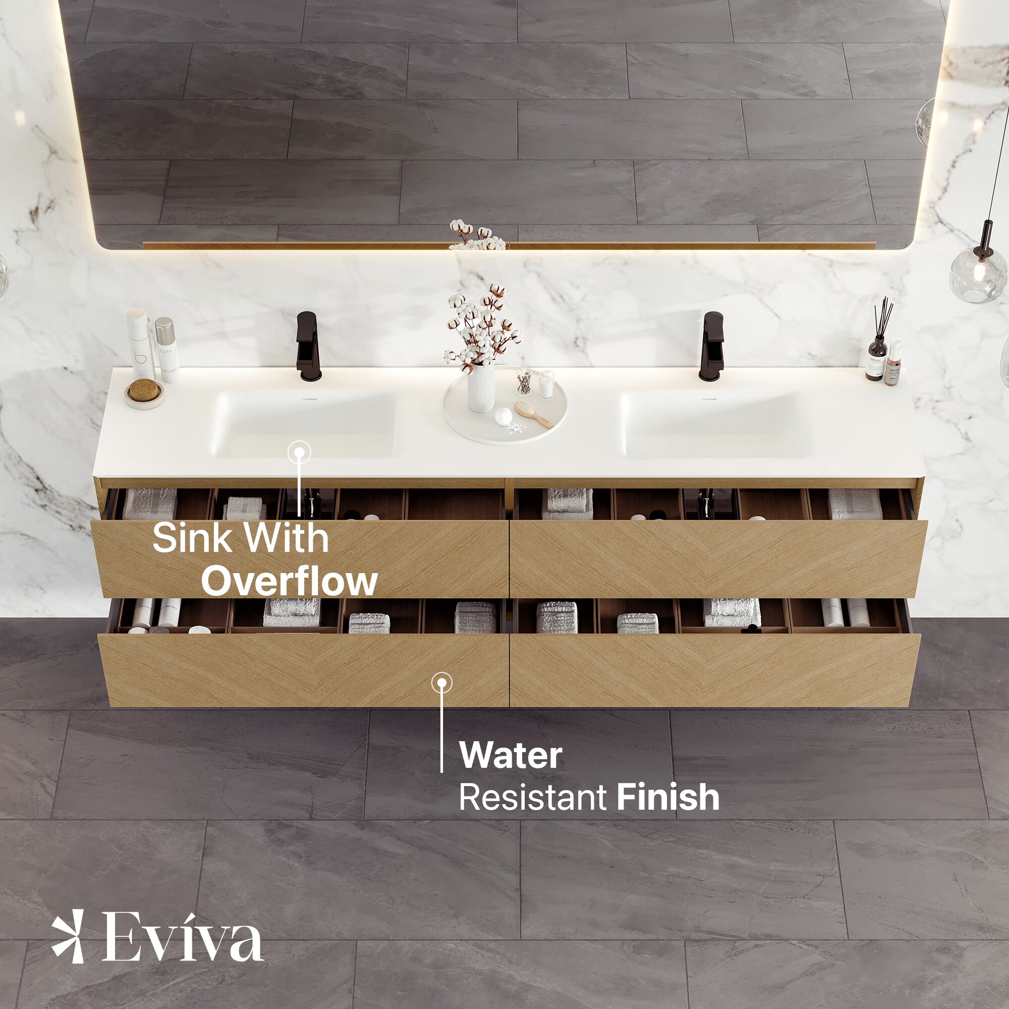 Eviva Bloom 48 in. W x 18 in. D x 34 in. H Double Sink Floating Bath Vanity in Natural Oak with White Porcelain Top