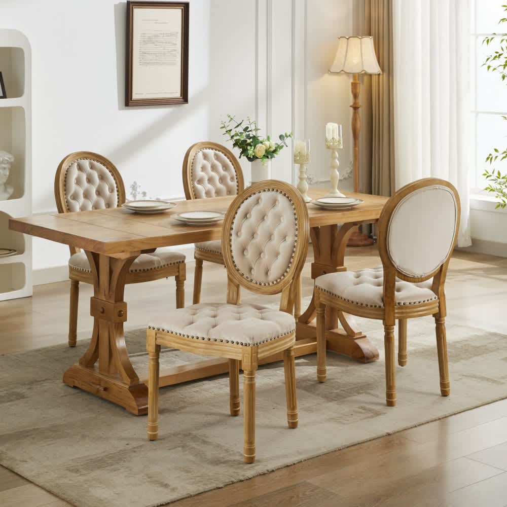 Maison Boucle MIRO-CHAIR-BEIGE-4 Set of 4 Beige Velvet Dining Chairs with Solid Wood Frame Tufted Back and Nailhead Trim for Kitchen