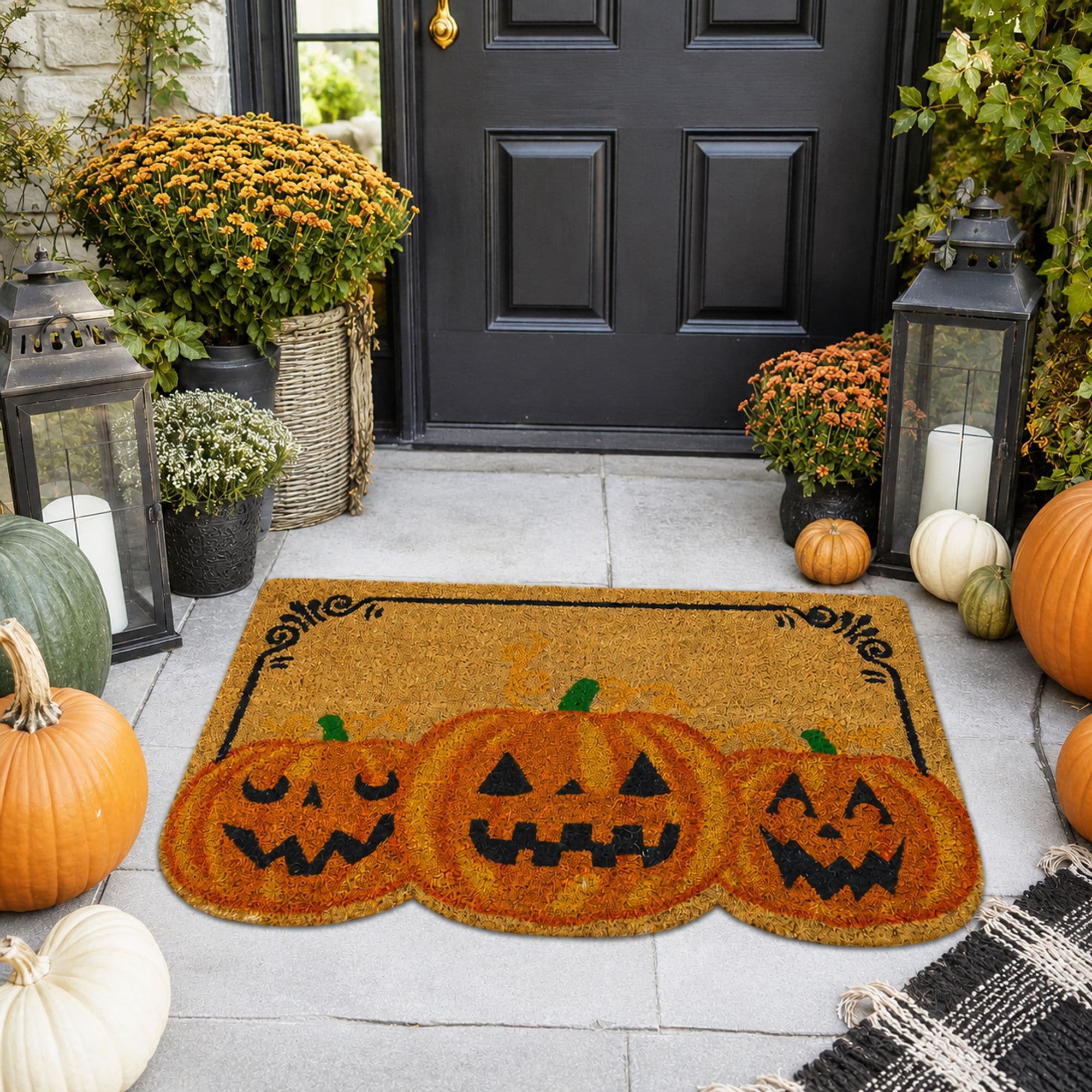 KATE AURORA Halloween Three Jacks Pumpkin Bristled Coir Outdoor Welcome Mat 18 in x 30 in