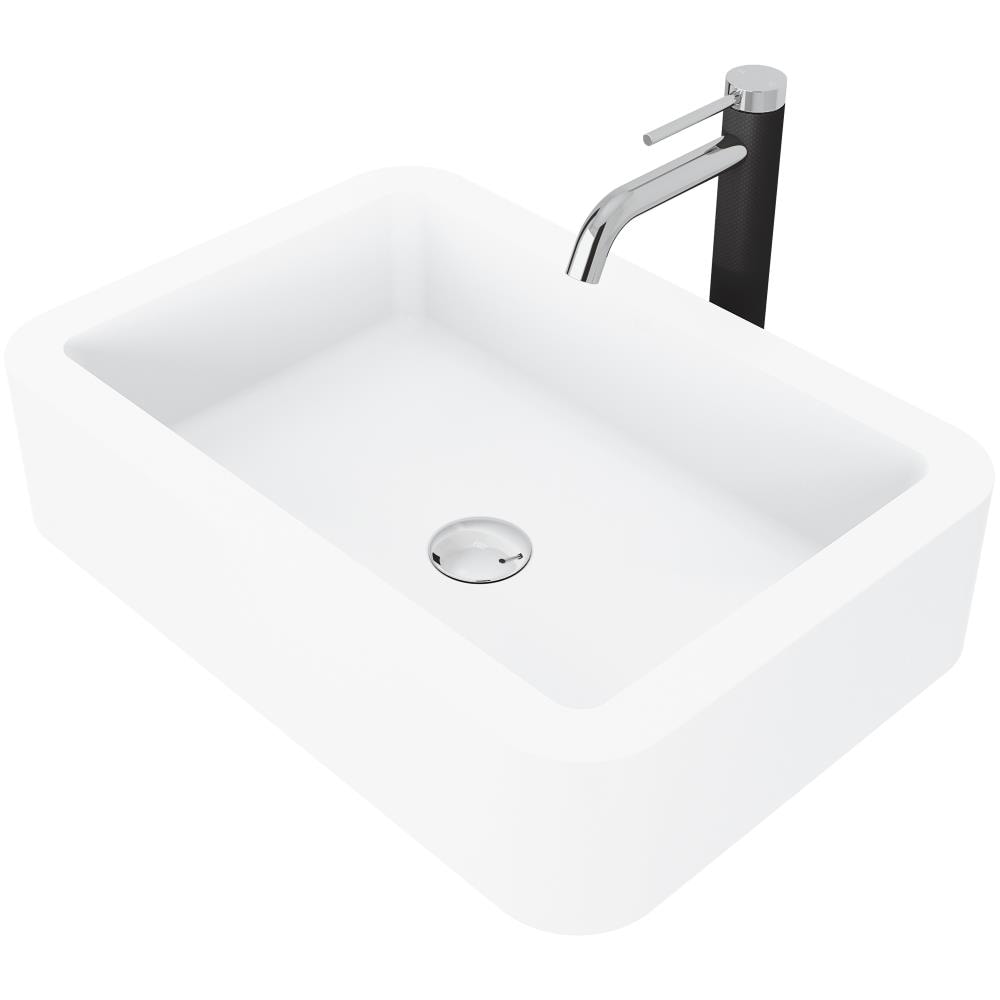 VIGO VGT1454 Petunia Matte White Matte Stone Vessel Rectangular Bathroom Sink with Faucet Drain Included (22.75-in x 15.75-in)
