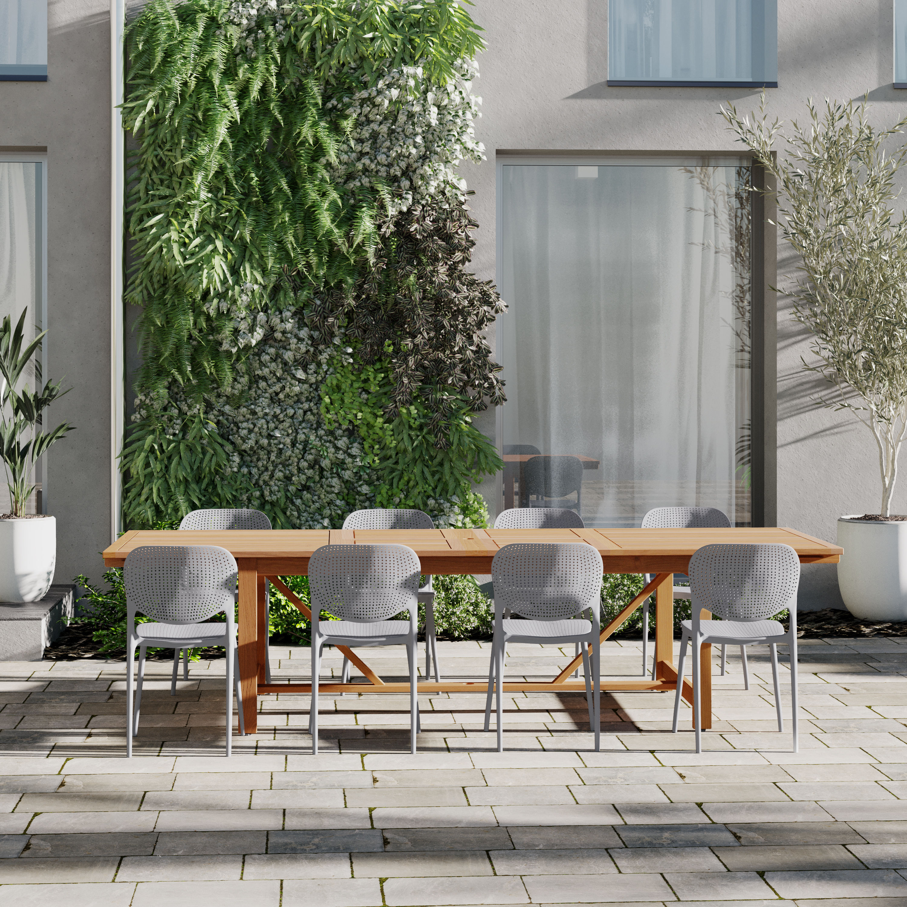 Amazonia LWLEYPR-8ISGR Outdoor 9 -Piece Brown Patio Dining Set Extendable Table Wood Rectangle Table with 8 Stackable Stationary Chairs