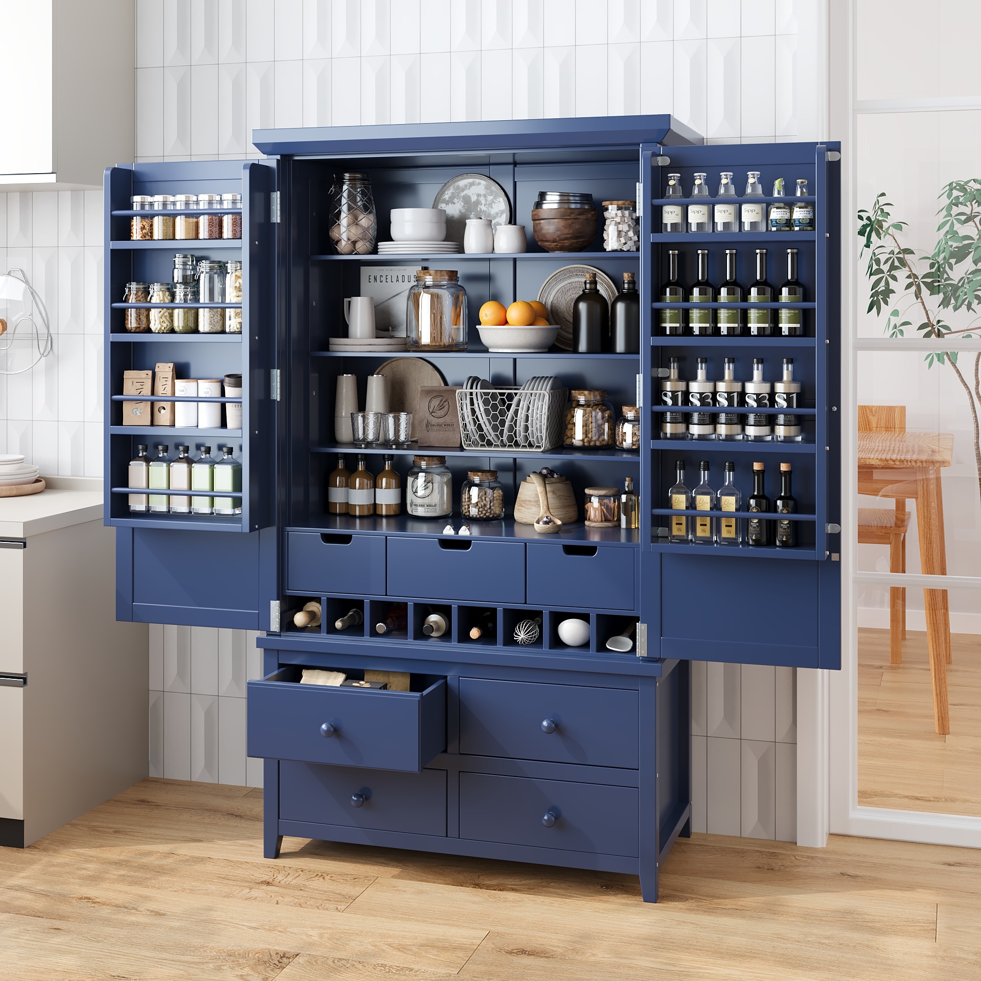 Oaks Decor OA0070AAC Contemporary/Modern Navy Pantry with Wine Storage