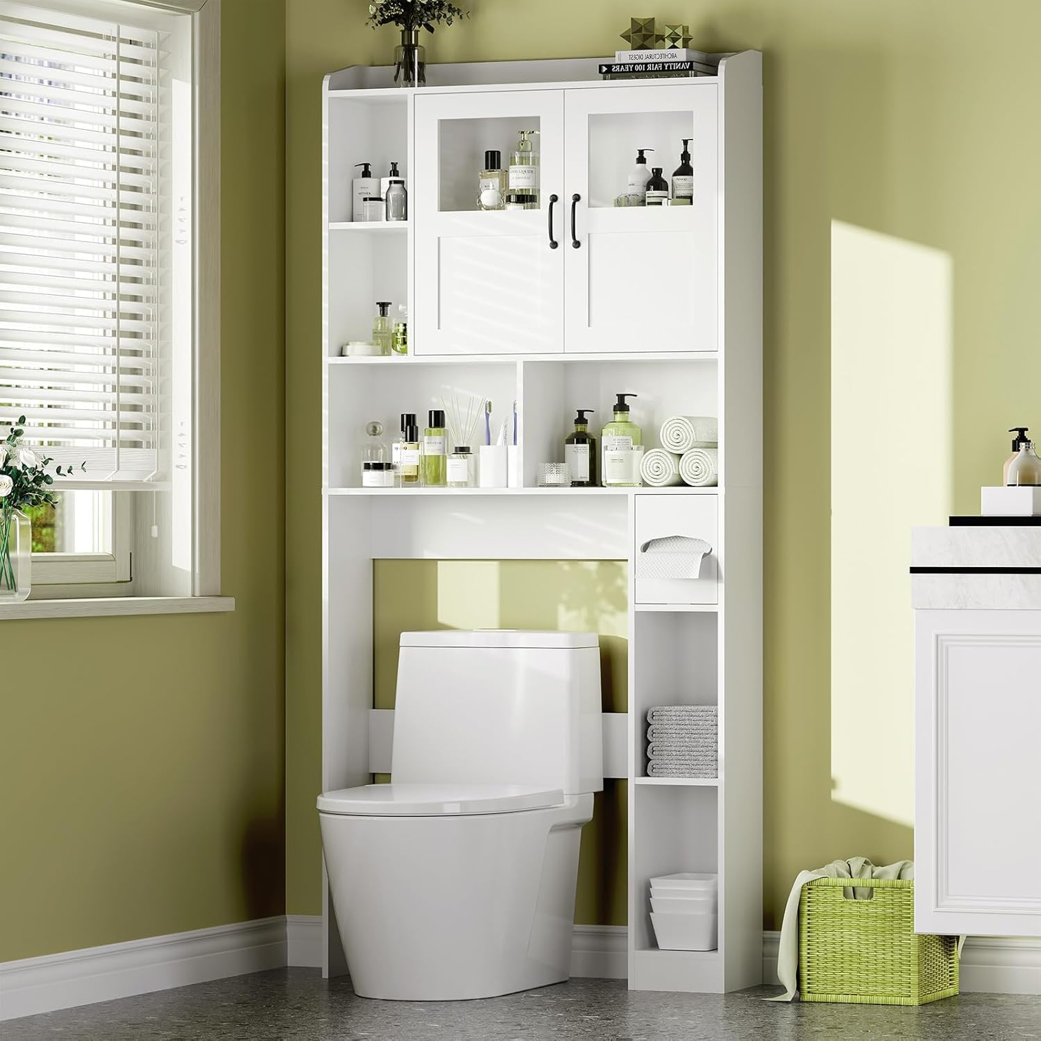 Garvee Over Toilet Cabinet - Bathroom Storage Organizer with Glass Door and Adjustable Shelves/ Space Saving Furniture for Toilet Laundry Room White