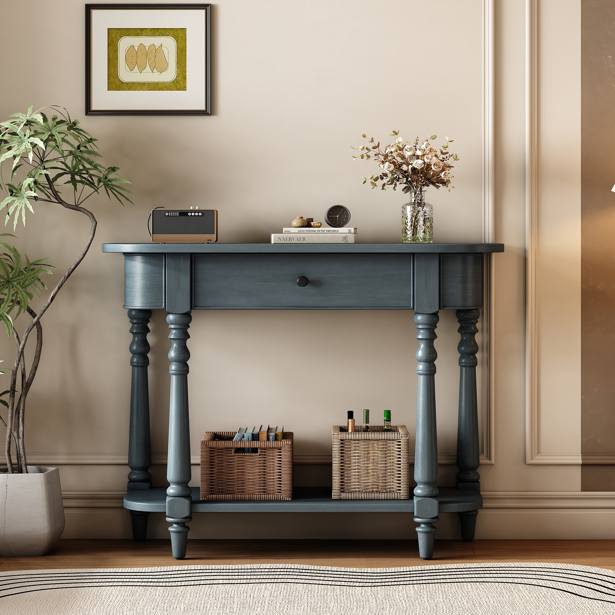 ModernLuxe N715P230795M Narrow Console Table with Curved Corner Retro Entryway Table with Top Drawer and Open Shelf Sofa Table Console Tables for Entryway Hallway and Living Room Navy