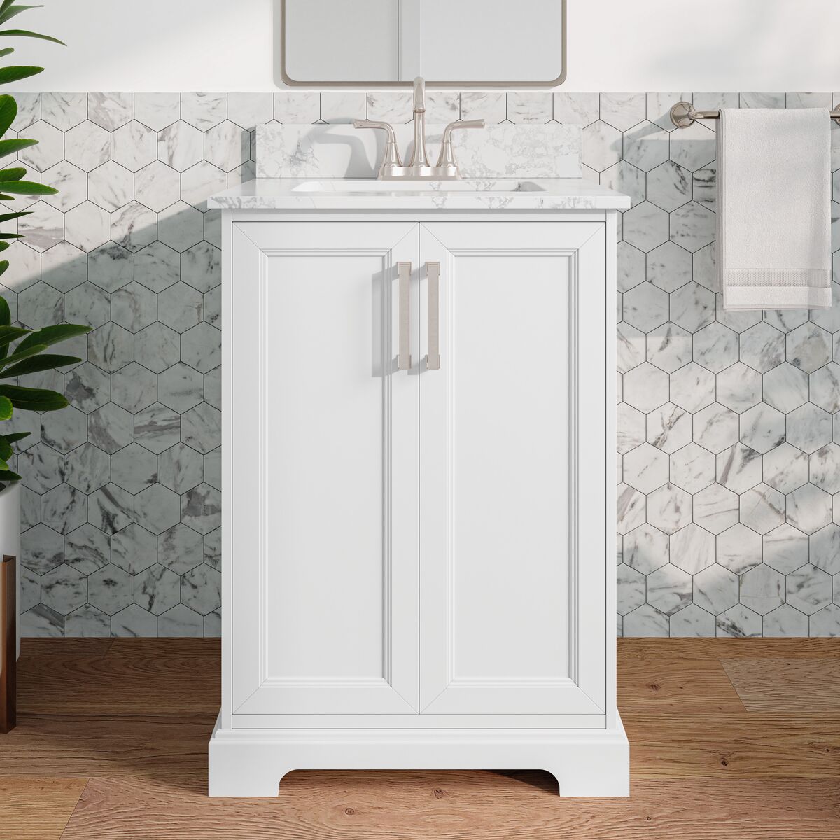 allen + roth LWS24TSVW Pittman 24-in White Undermount Single Sink Bathroom Vanity with White Engineered Calacatta Veined Engineered Stone Top