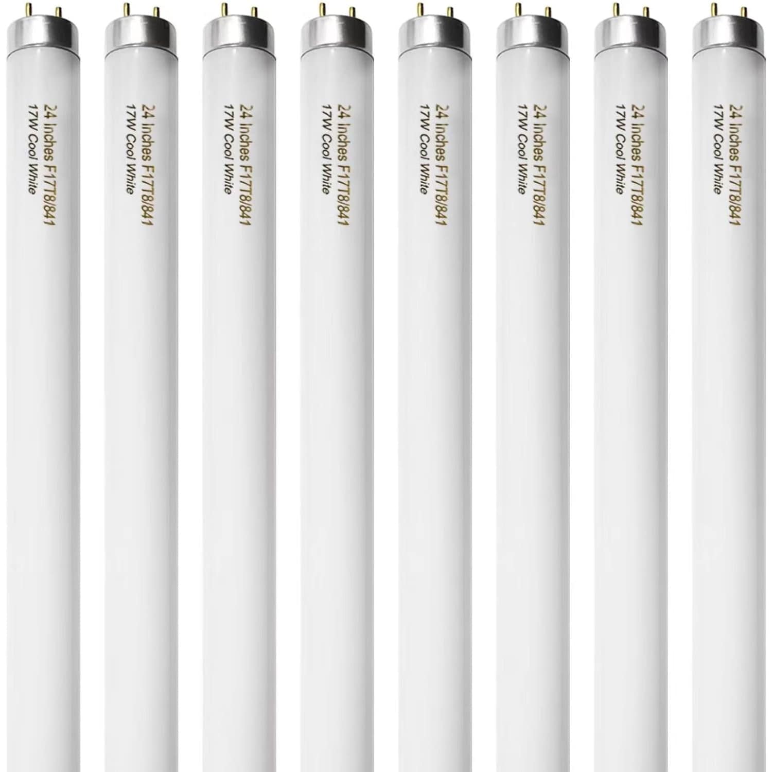 Etokfoks  8 pack F17T8 841 24 inch 17 watt straight T8 fluorescent tube light bulbs 4100K cool white 1450 lumen G13 medium bi pin