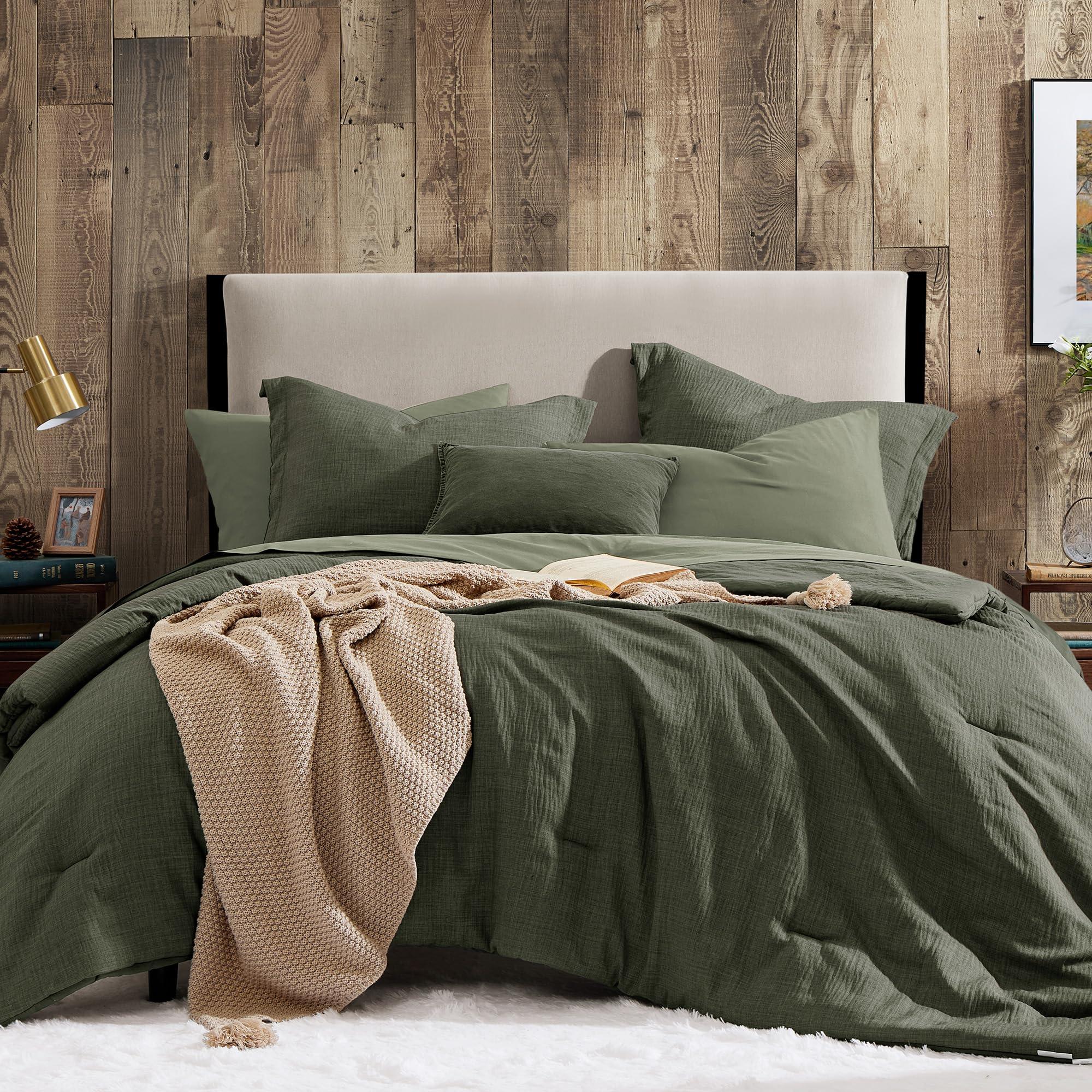 OMOMMD Dark Green California King Comforter Set 7 Pieces Solid Textured All Season Bedding Bed In A Bag With Sheets Pillowcases And Shams Soft Cozy Easy Care #5749848217458