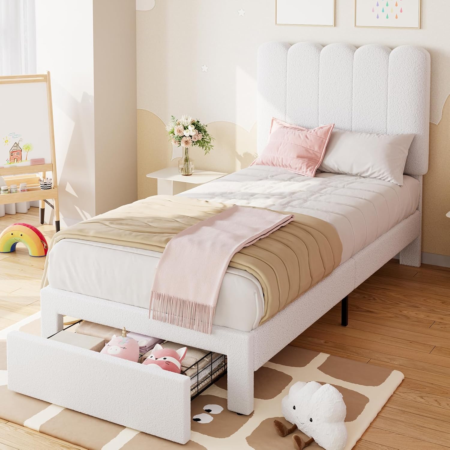 WhizMax LHFLS-PHO-33LXPH7L Twin Size Bed Frame with Storage Drawer - Boucle Upholstered Platform Bed with Headboard Beige