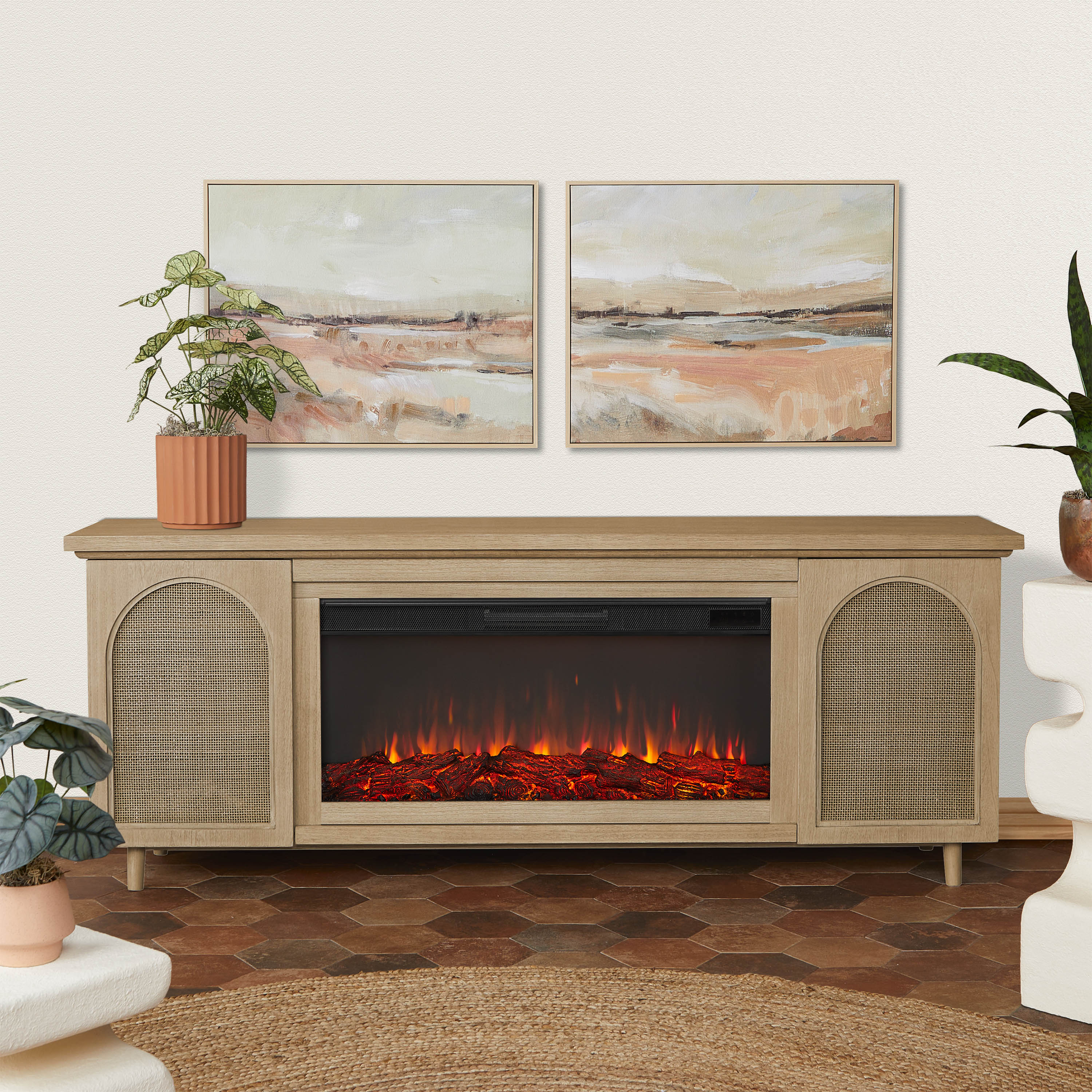 Real Flame 13064E-WO 75.75-Inches W White Oak TV Stand with Infrared quartz Flat wall Electric Fireplace with Remote Control Included