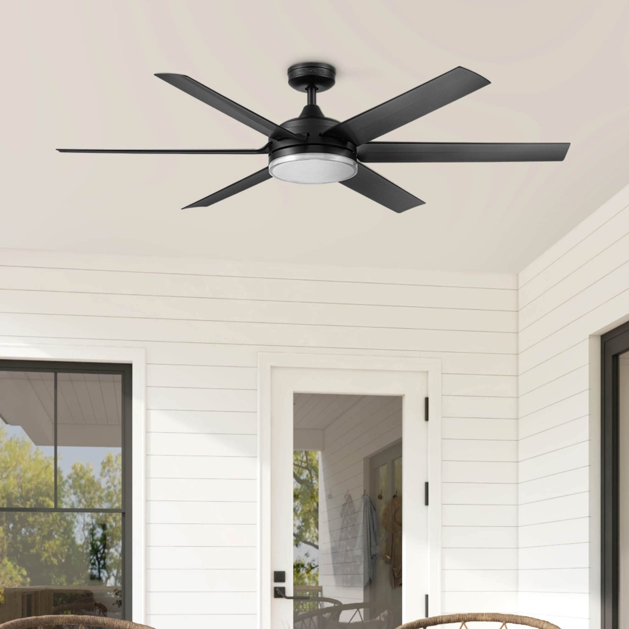Harbor Breeze 43299 Queensdale 60-in Color-Changing Integrated LED Outdoor Matte Black with Black Blades Ceiling Fan With Light - Remote Included ( 6 -Blade )