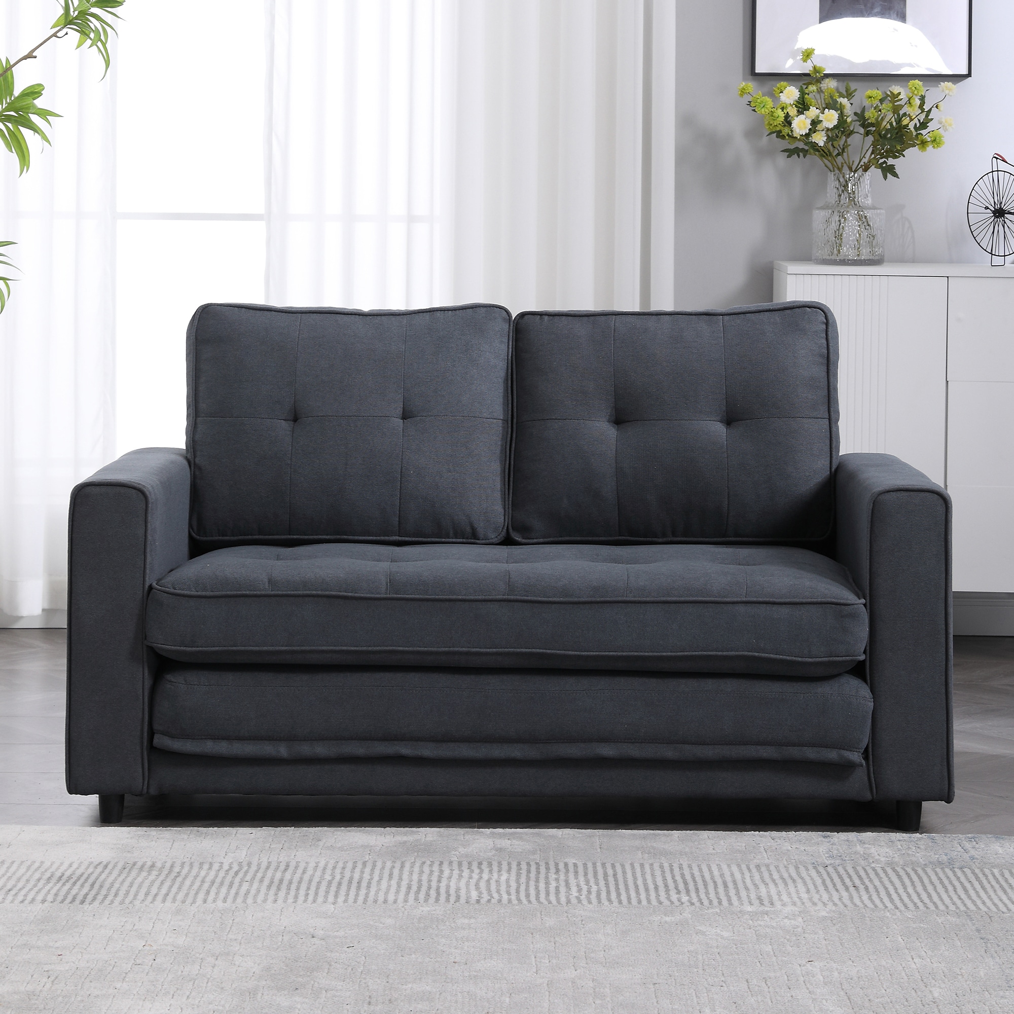 Sumyeg Foldable Tufted Loveseat 55-in Modern Dark Gray Polyester/Blend ...