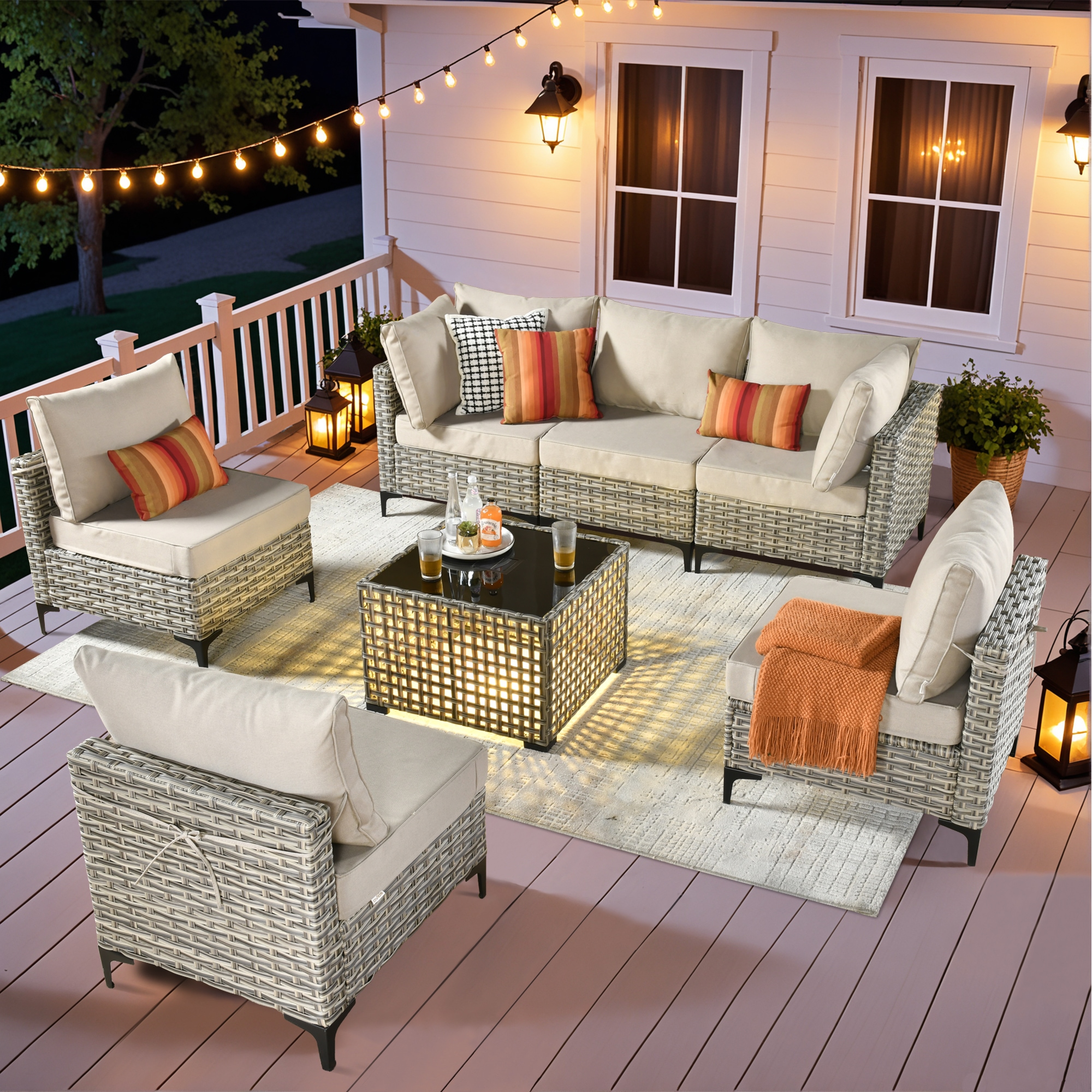 ALTRIGUS 6L-SKT607-AL 7 -Piece Wicker Patio Sofa Conversation Set with Beige Cushions