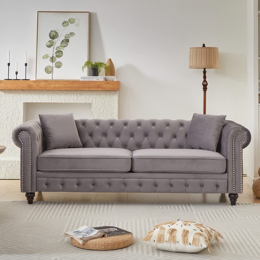 Coolbibila - 86 in Classic Chesterfield Gray Velvet Sofa 3 Seat Rolled Arms Button Tufted with 2 ...