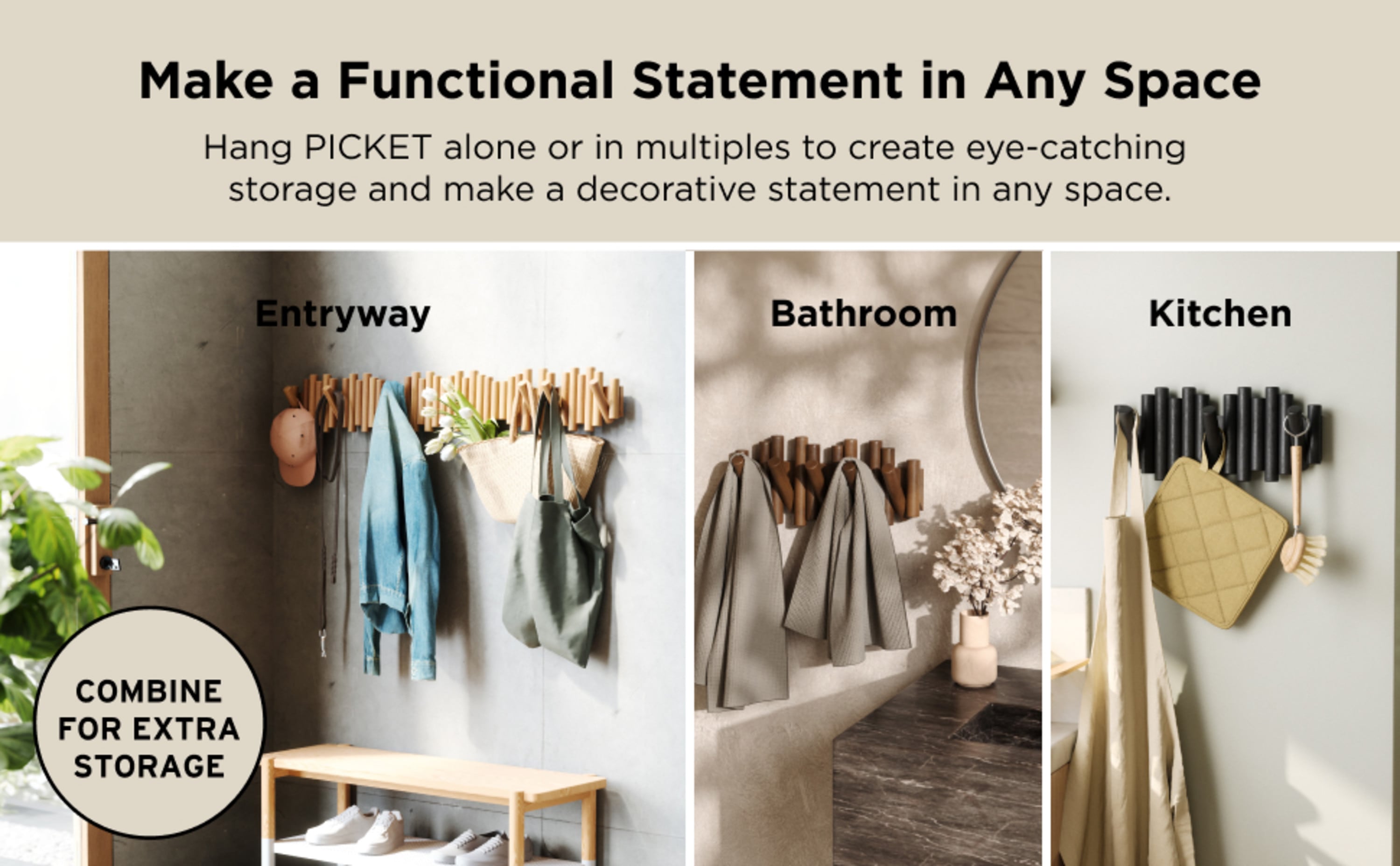 Beveled Pine Wood Wall Art with 5 Flip-Down Hooks