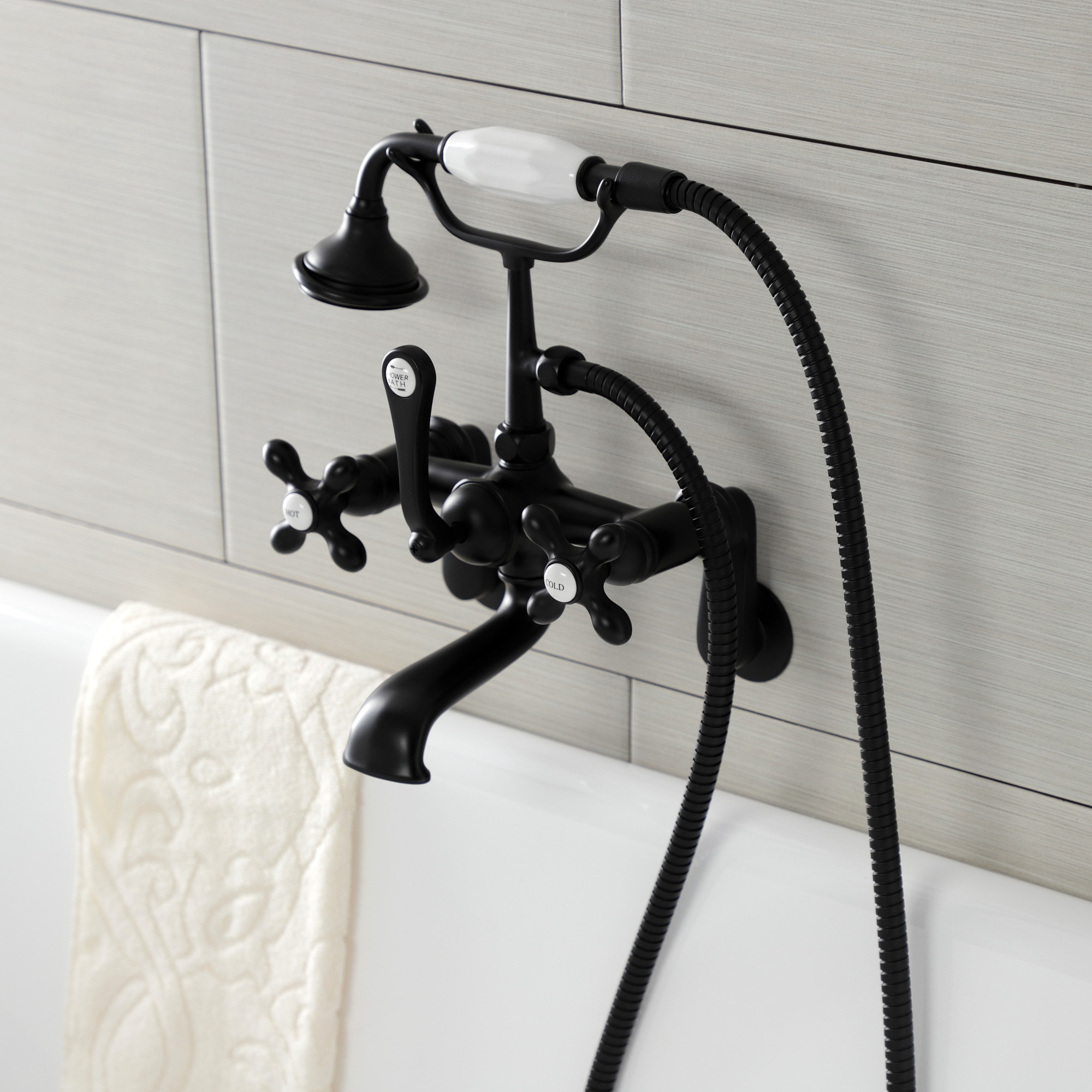 Kingston Brass WLAE57T0 Aqua Vintage Matte black 3-handle Wall-mount Low-arc Bathtub Faucet with Hand Shower ( Valve Included )