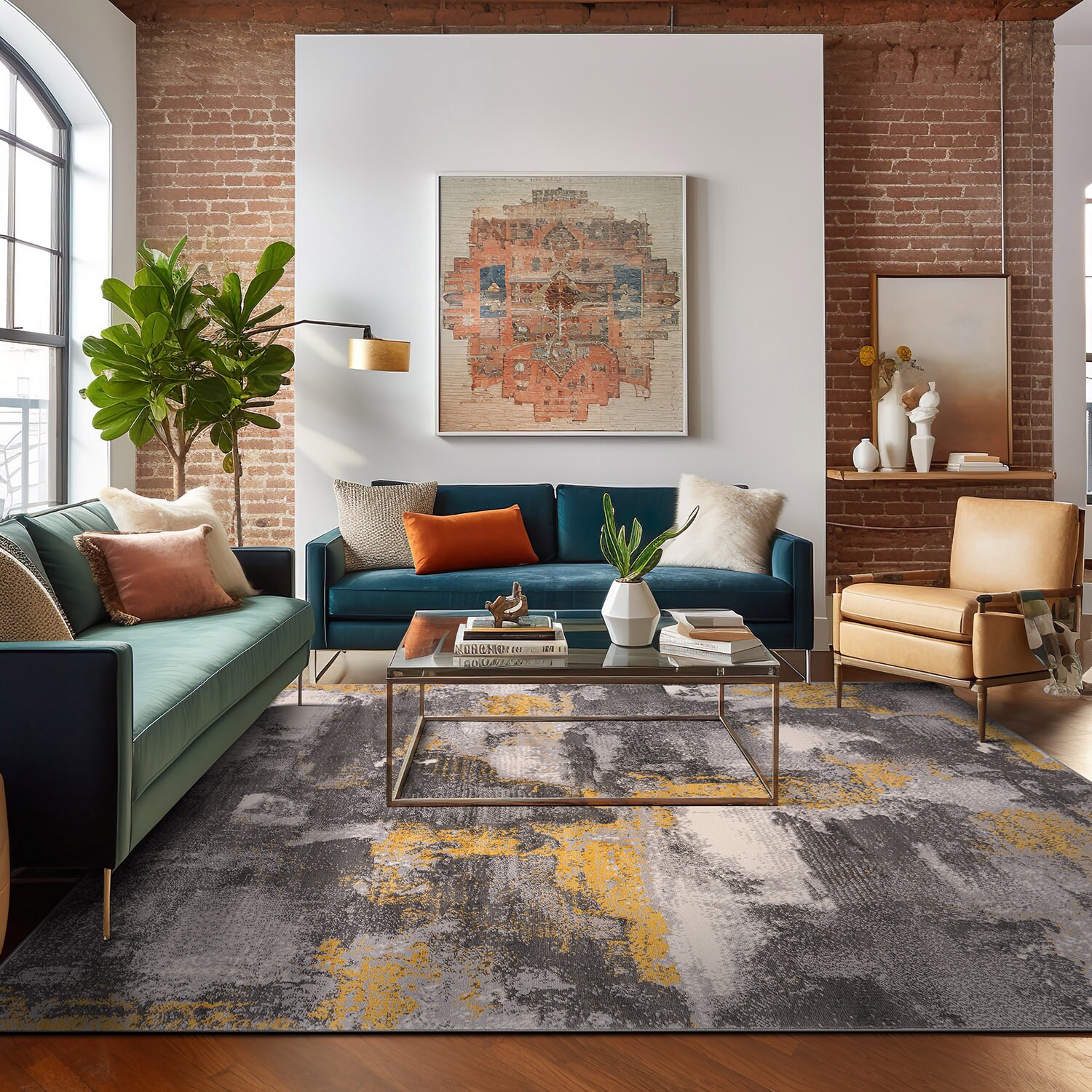 Brighton Yellow and Gray Abstract 5' x 7' Stain-Resistant Synthetic Area Rug