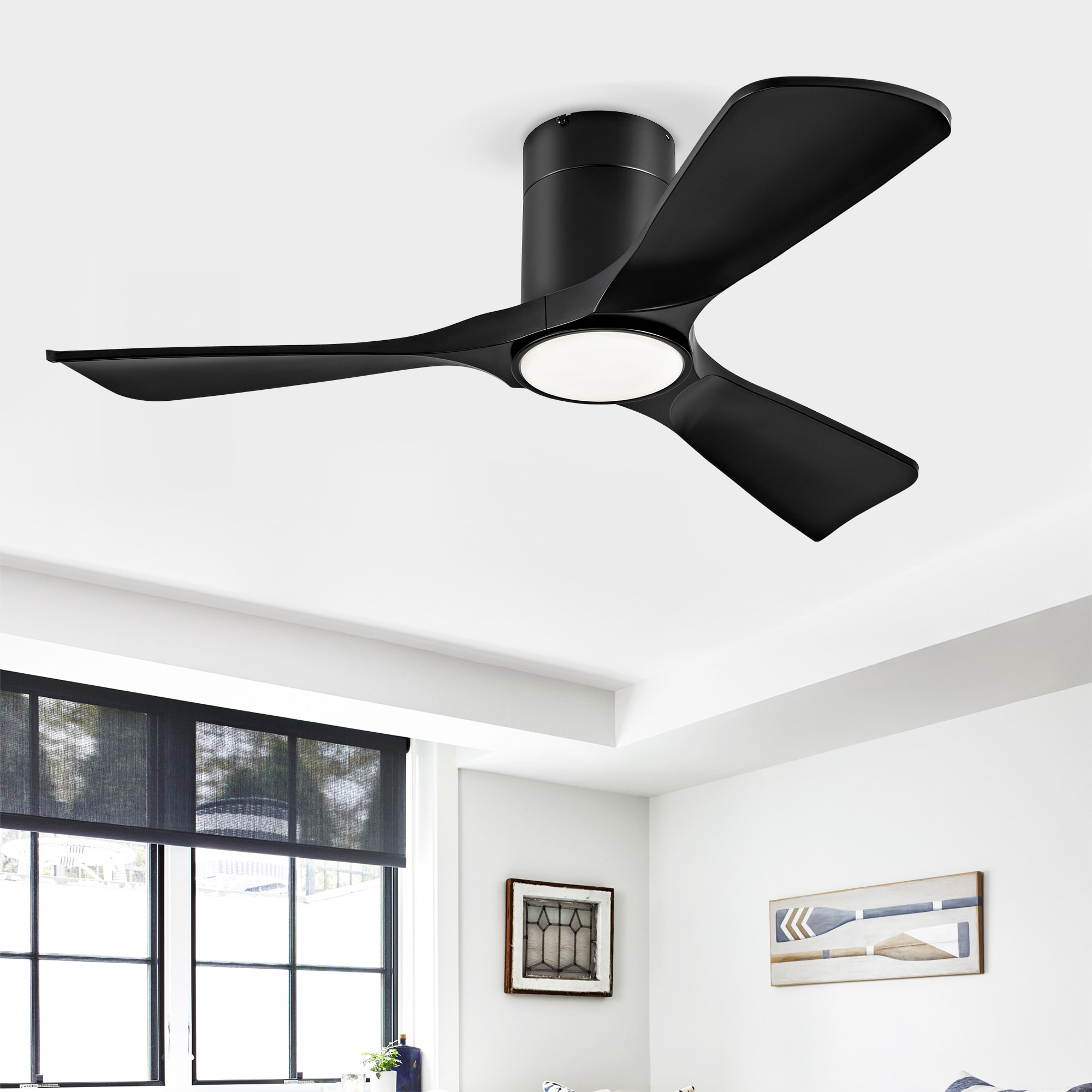 YOTOO 42 Inch Matte Black ABS 3-Blade Flush Mount Ceiling Fan with Light 3 Color Dimmable LED 6 Speeds Reversible DC Motor for Bedroom Living Room