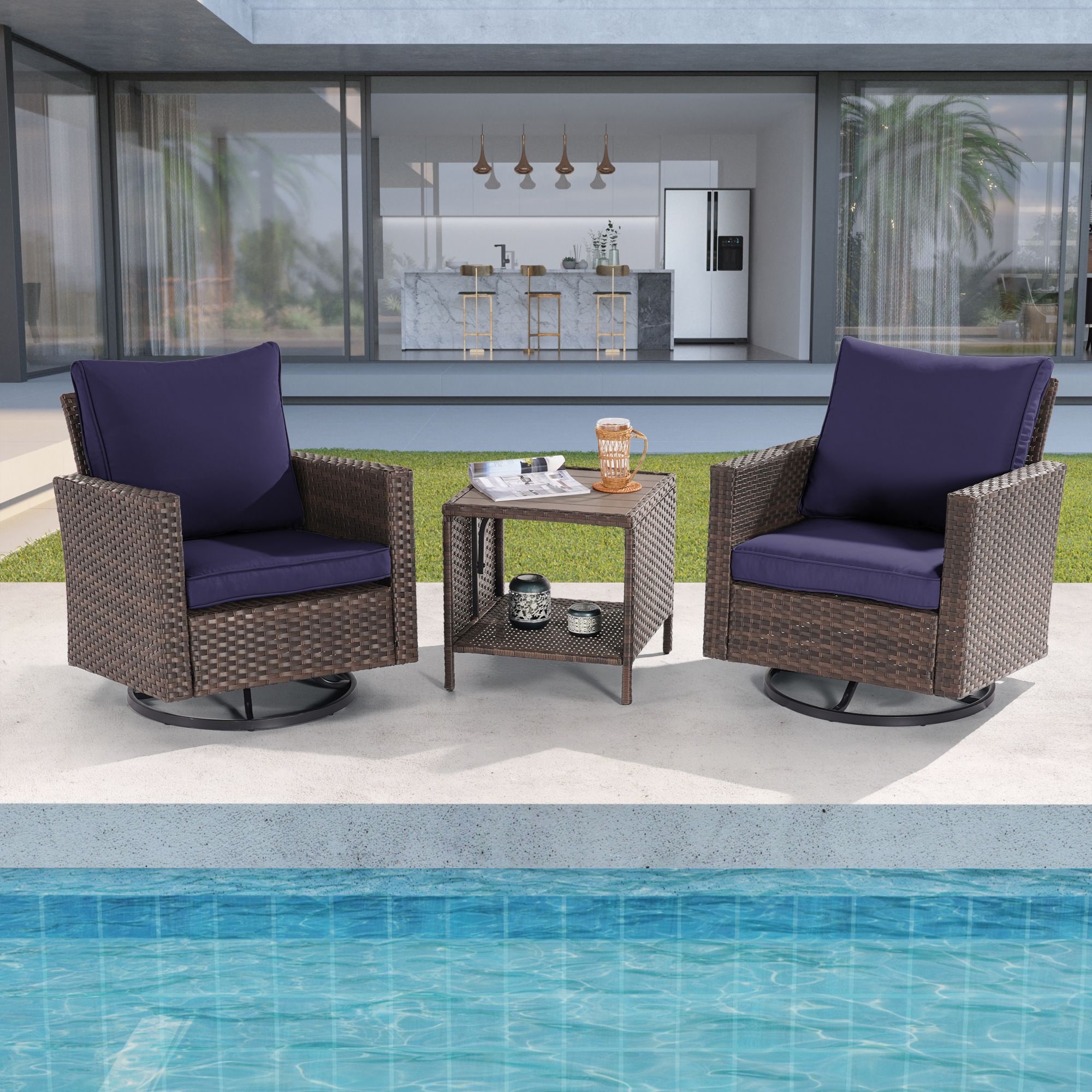 ACEGOSES LW-2R-BNY-T3 Patio Swivel Rocking Chairs 3 -Piece Wicker Patio Conversation Set with Blue Cushions