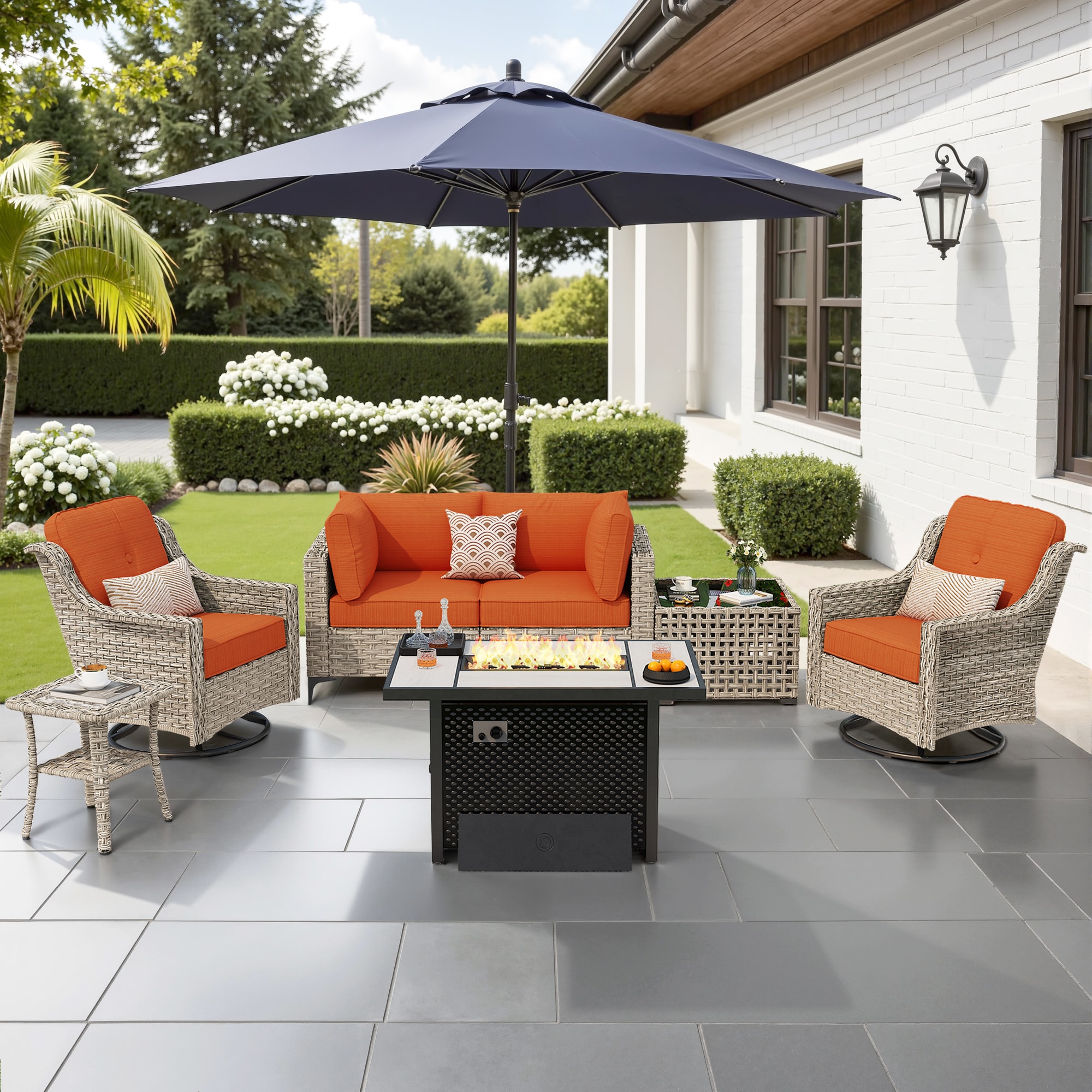 ALTRIGUS 6L-CFP03-YZSKT807-AL 7 -Piece Wicker Patio Sofa Conversation Set with Orange Cushions