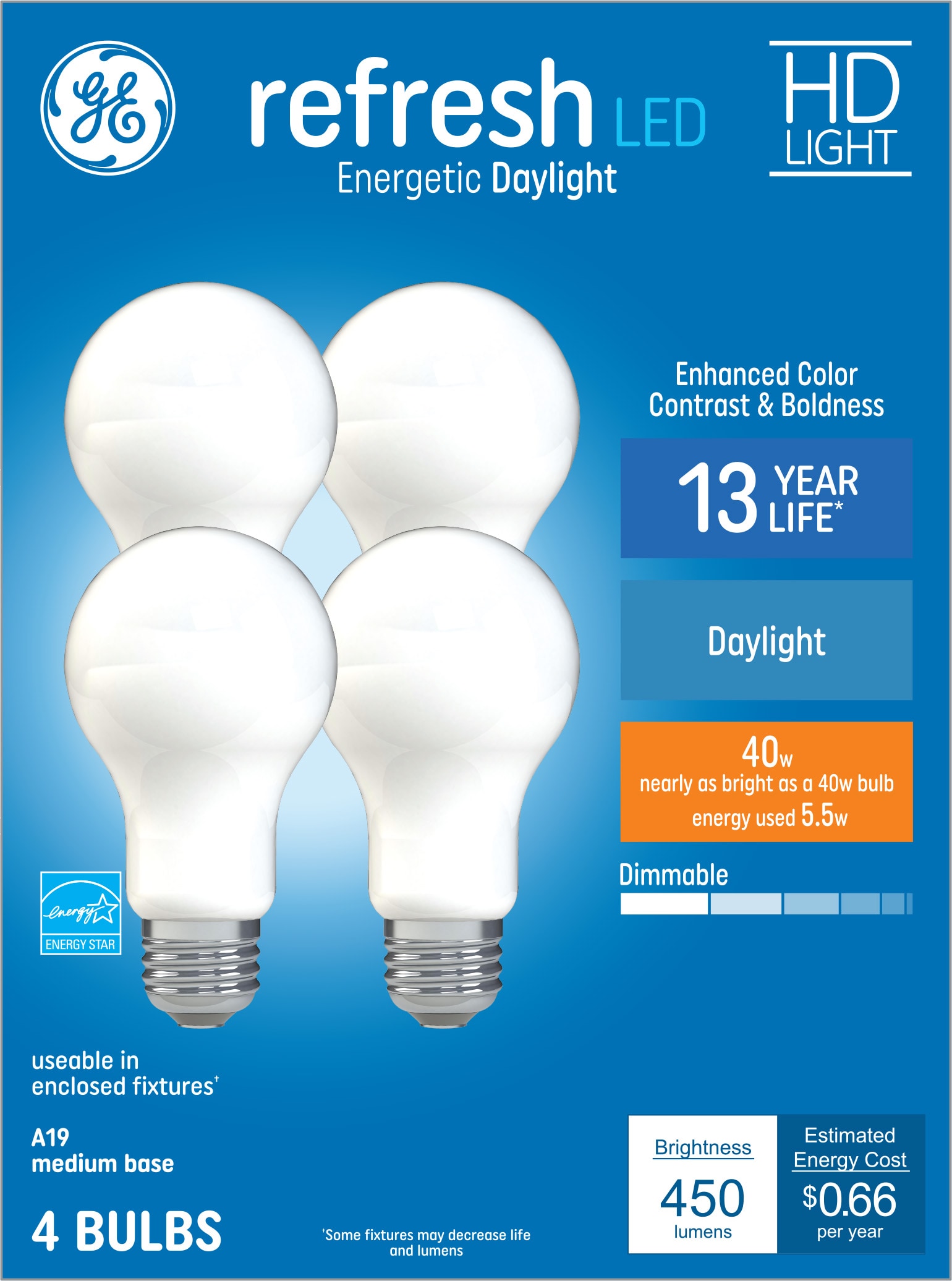 Refresh HD 40-Watt EQ A19 Daylight Medium Base (e-26) Dimmable LED Light Bulb (4-Pack) | - GE 44899