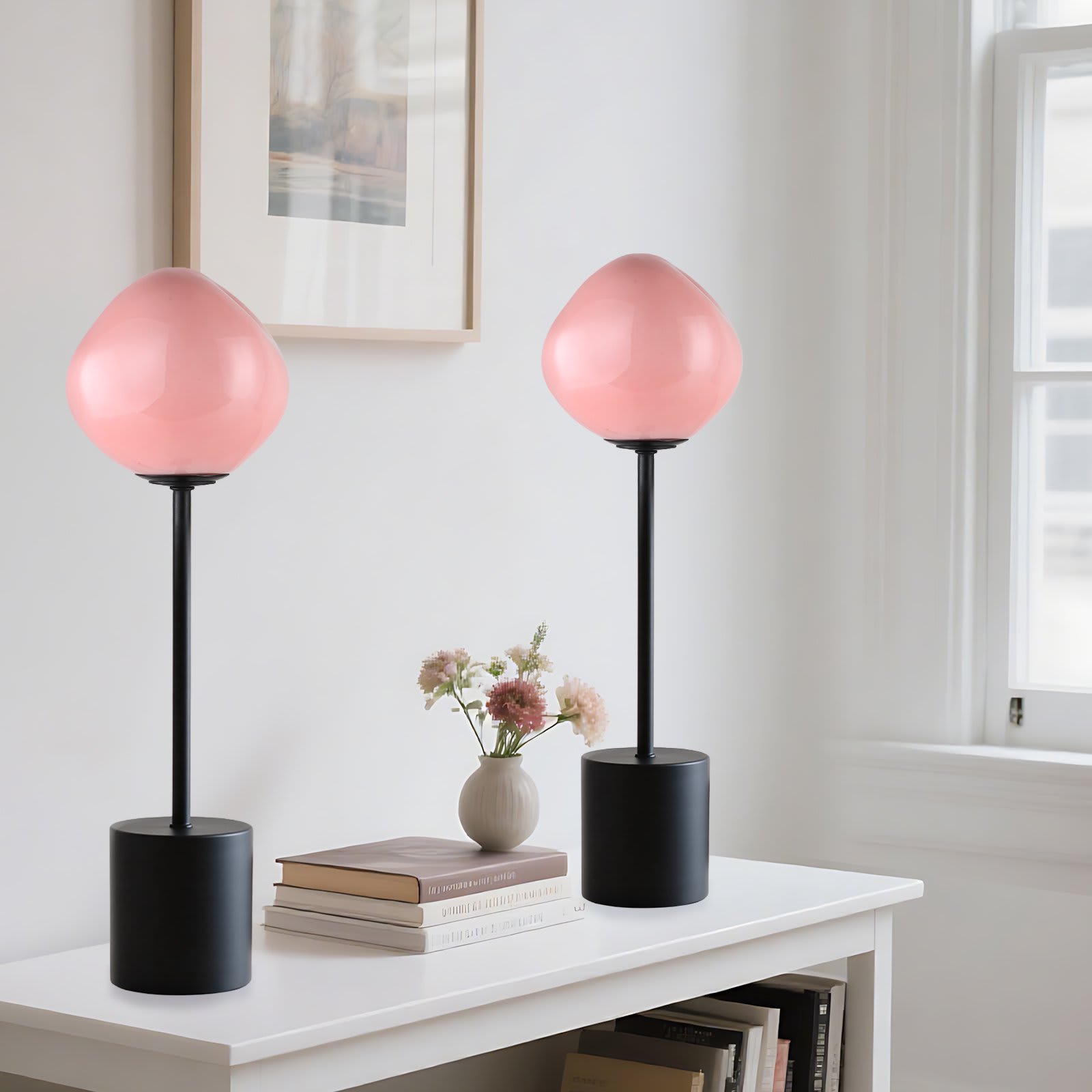 BIGHOUSE 300201493V 18'' Hand-Blown Globe Glass Table Lamp Set with Unique Pink Shade