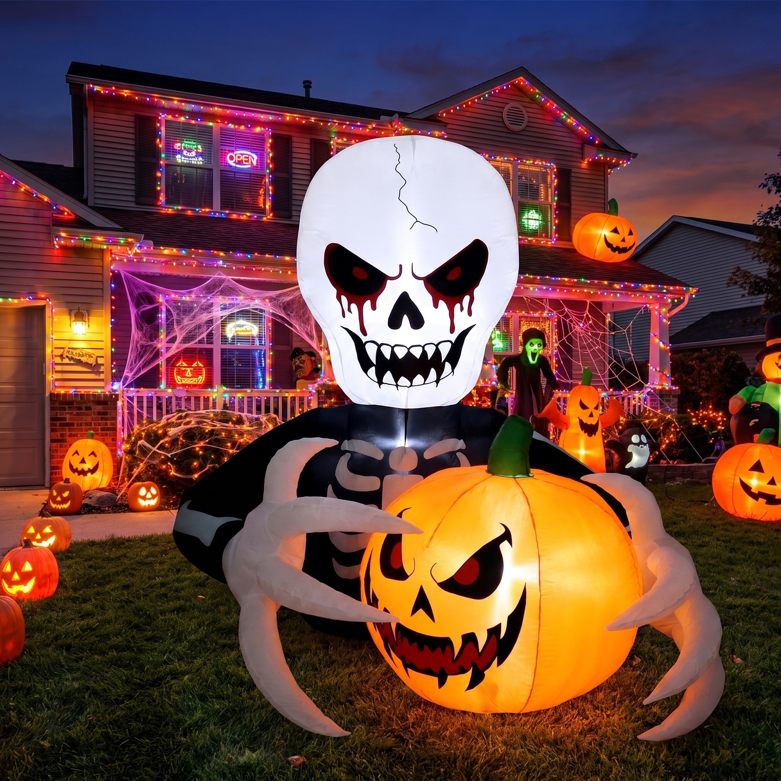 Jumpfly 7 Ft Lighted Inflatable Halloween Skeleton Reaper with Jack-o-Lantern Outdoor Yard Decoration with Built-in LED Lights and Ground Stakes