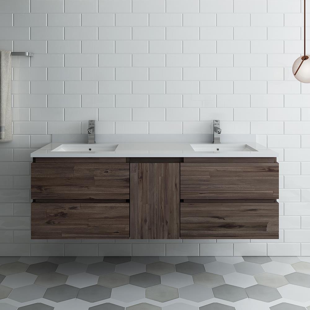 Acacia Wood 58" Wall Mounted Double Sink Bathroom Vanity Base