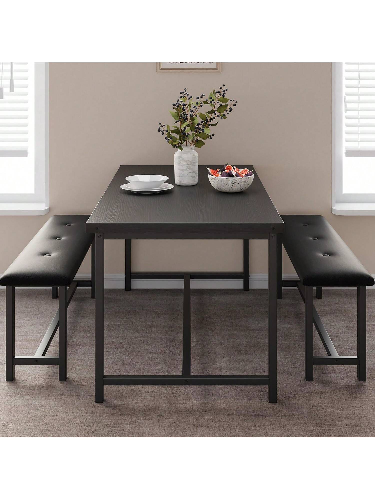 Qeetex PHO-0UTGR1FO-HF4 Dining Table Set For 4. Kitchen Table With Benches. Rectangular Dining Room Table Set With 2 Upholstered Benches. 3 Piece Dining Table Set For Small Space. Apartment. Studio