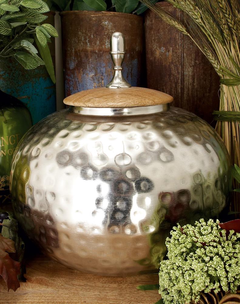 Silver Hammered Metal Decorative Jar with Wood Lid