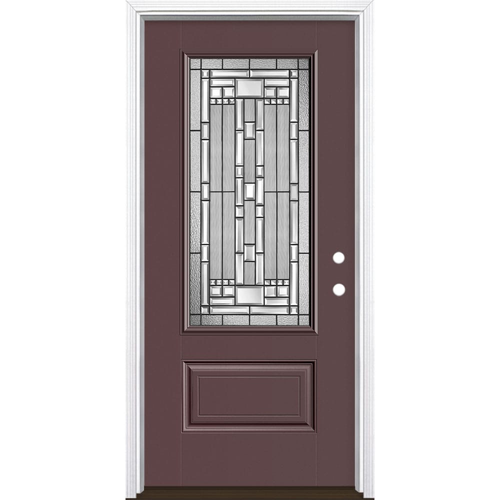 Masonite 3421221 Naples 36-in x 80-in x 4-9/16-in Fiberglass 3/4 lite Left-hand inswing Currant Painted Prehung Single door Front Door with Brickmould Insulating core Decorative glass