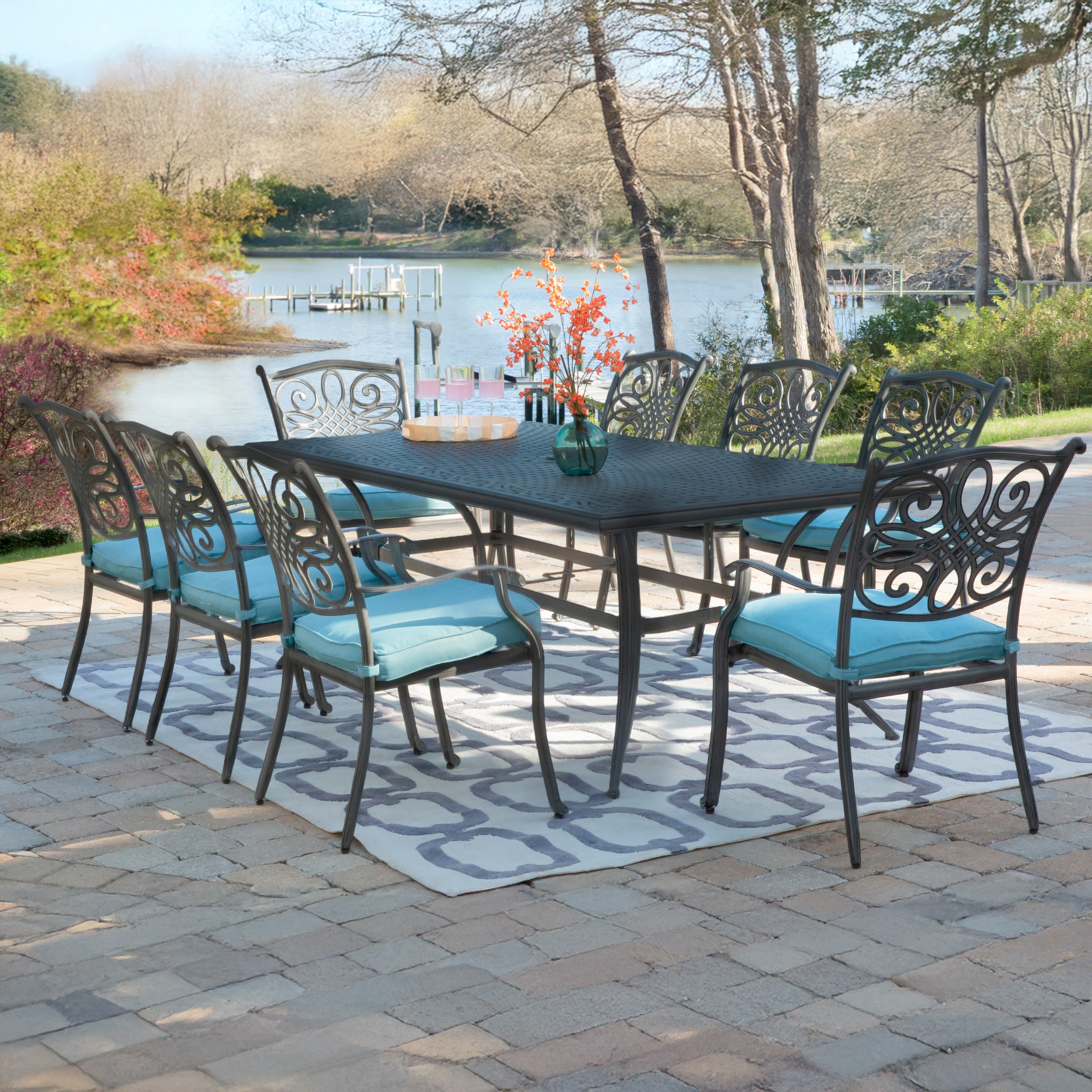 Hanover TRADDN9PC-BLU Traditions 9 -Piece Bronze Patio Dining Set Aluminum Rectangle Table with 8 Blue Cushions Stationary Chairs