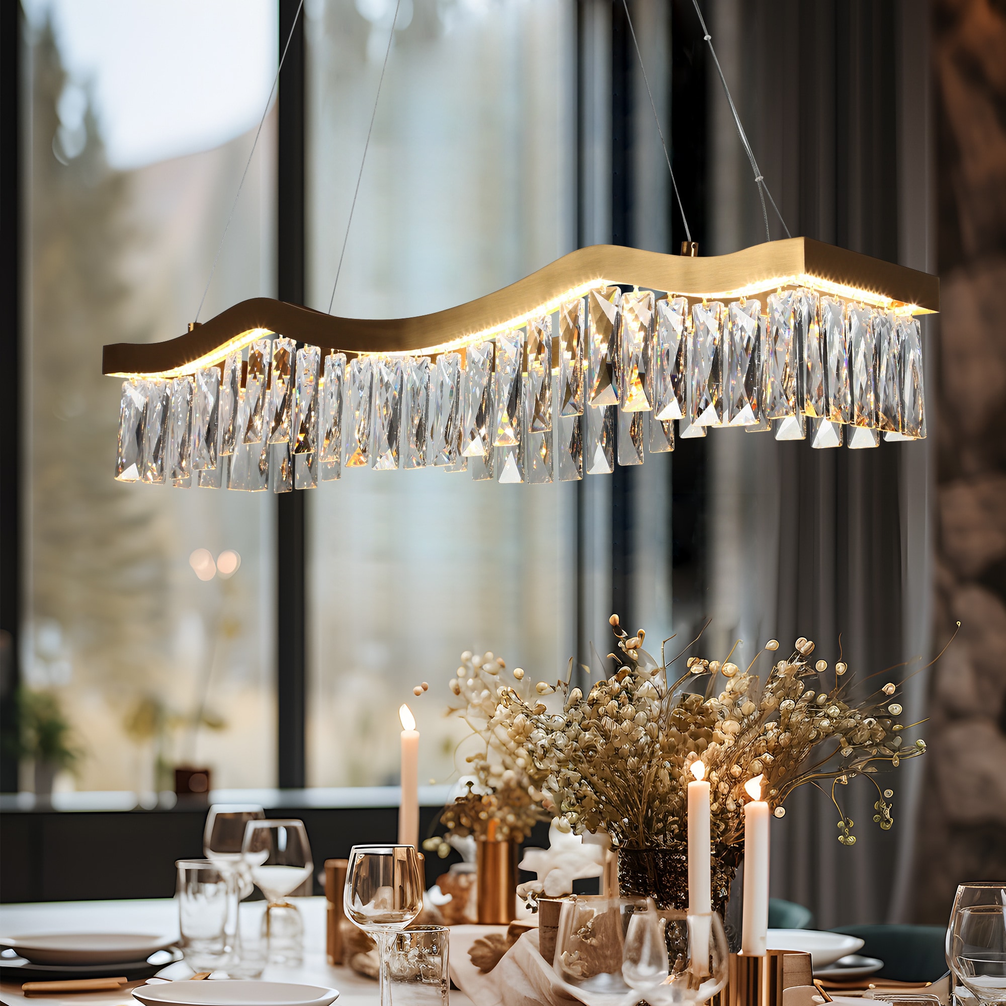 LNC HA05129 Thelonious 1 -Light Plating Brass with Crystal Embedded LED Modern/contemporary Clear glass Linear Integrated LED Large Hanging Kitchen island light