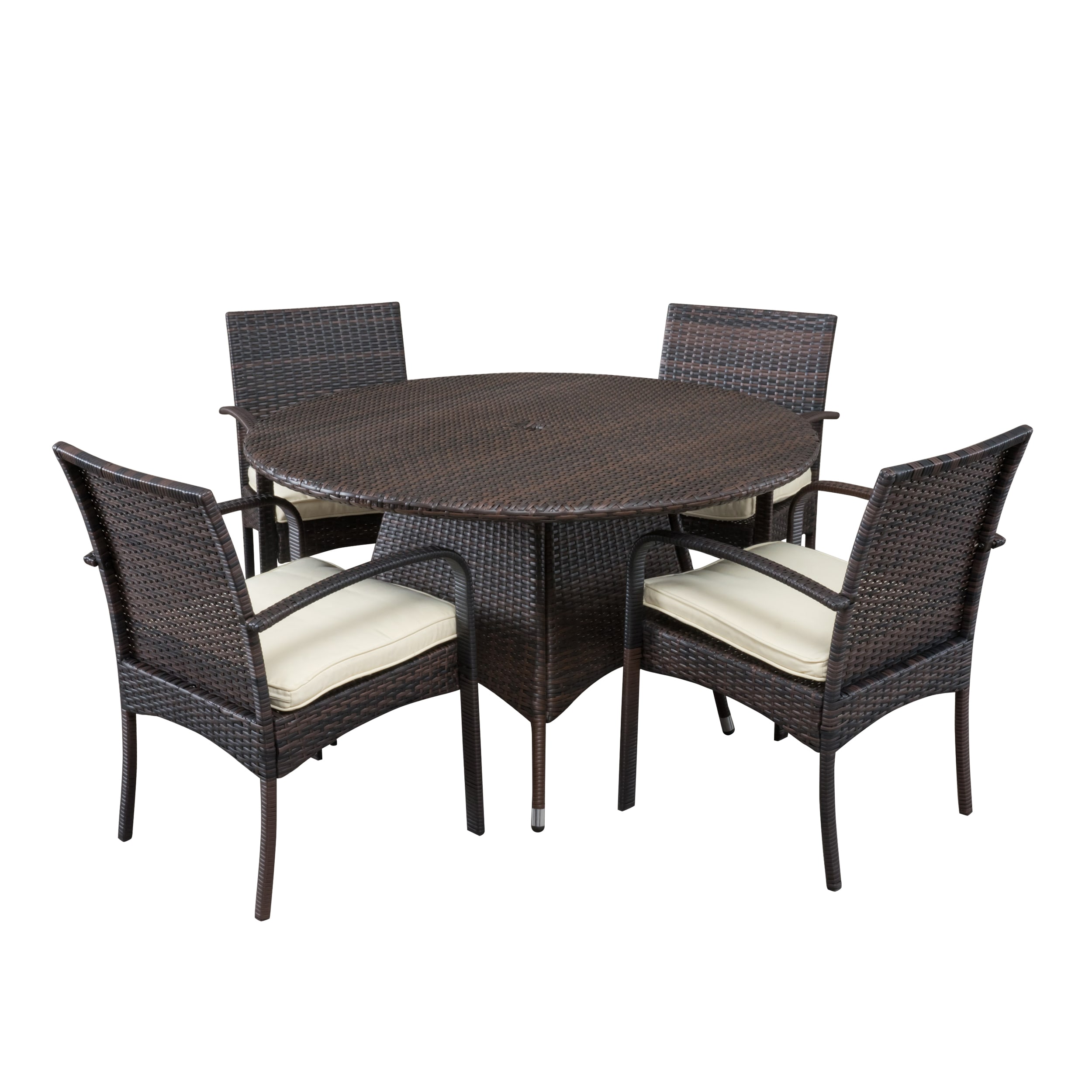 Brown Wicker 4-Person Round Patio Dining Set with Beige Cushions