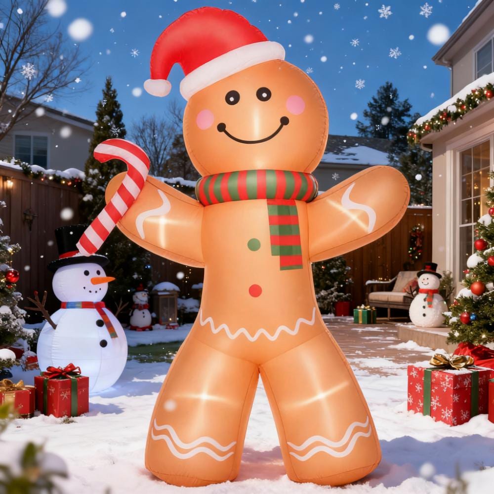 LUXEYARD Outdoor Blow Up Yard Decoration Christmas Inflatable Gingerbread Man with a Candy Cane with LED Lights Display