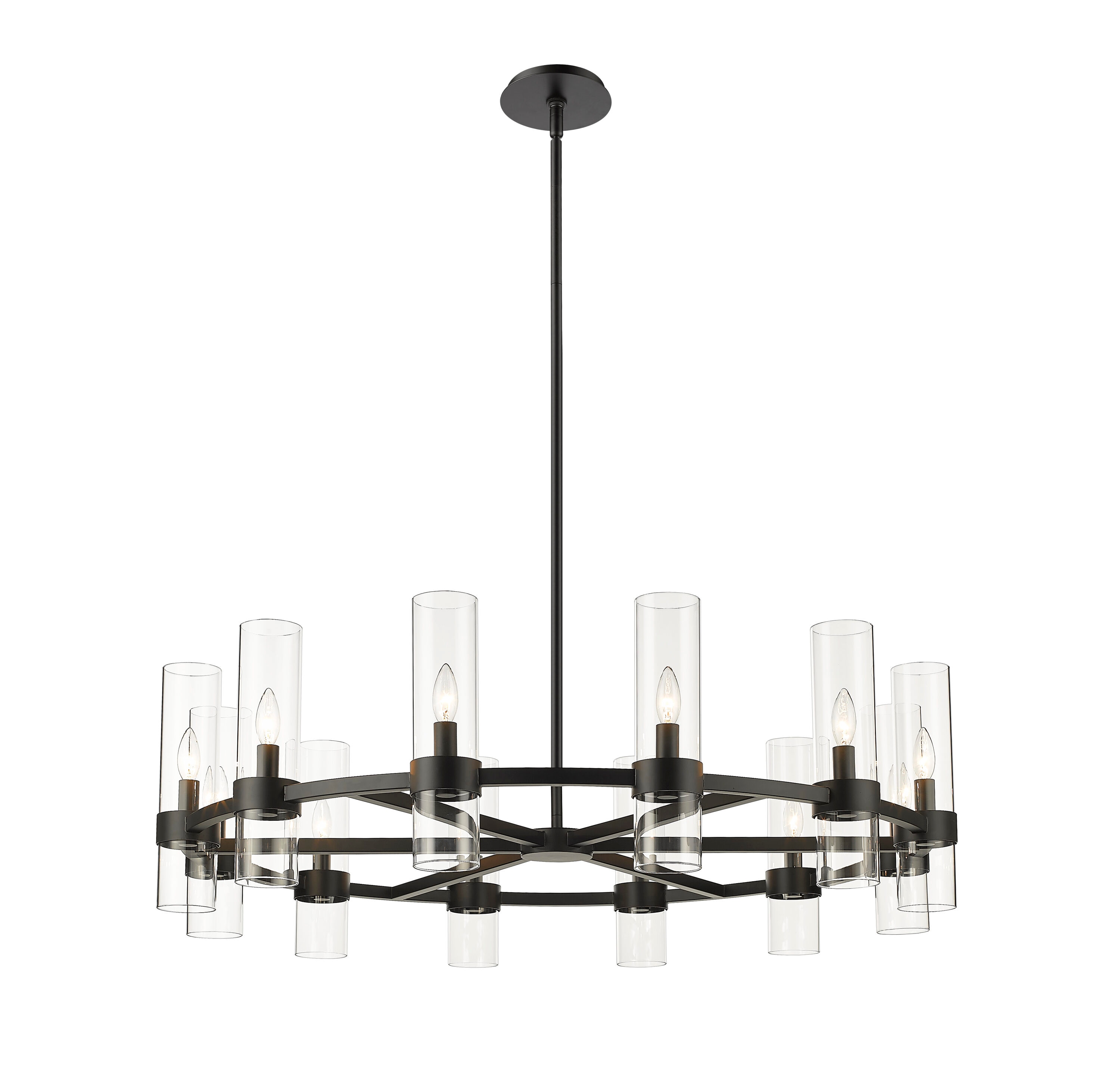 Datus Matte Black Iron Wagon Wheel Chandelier with Clear Glass Uplights