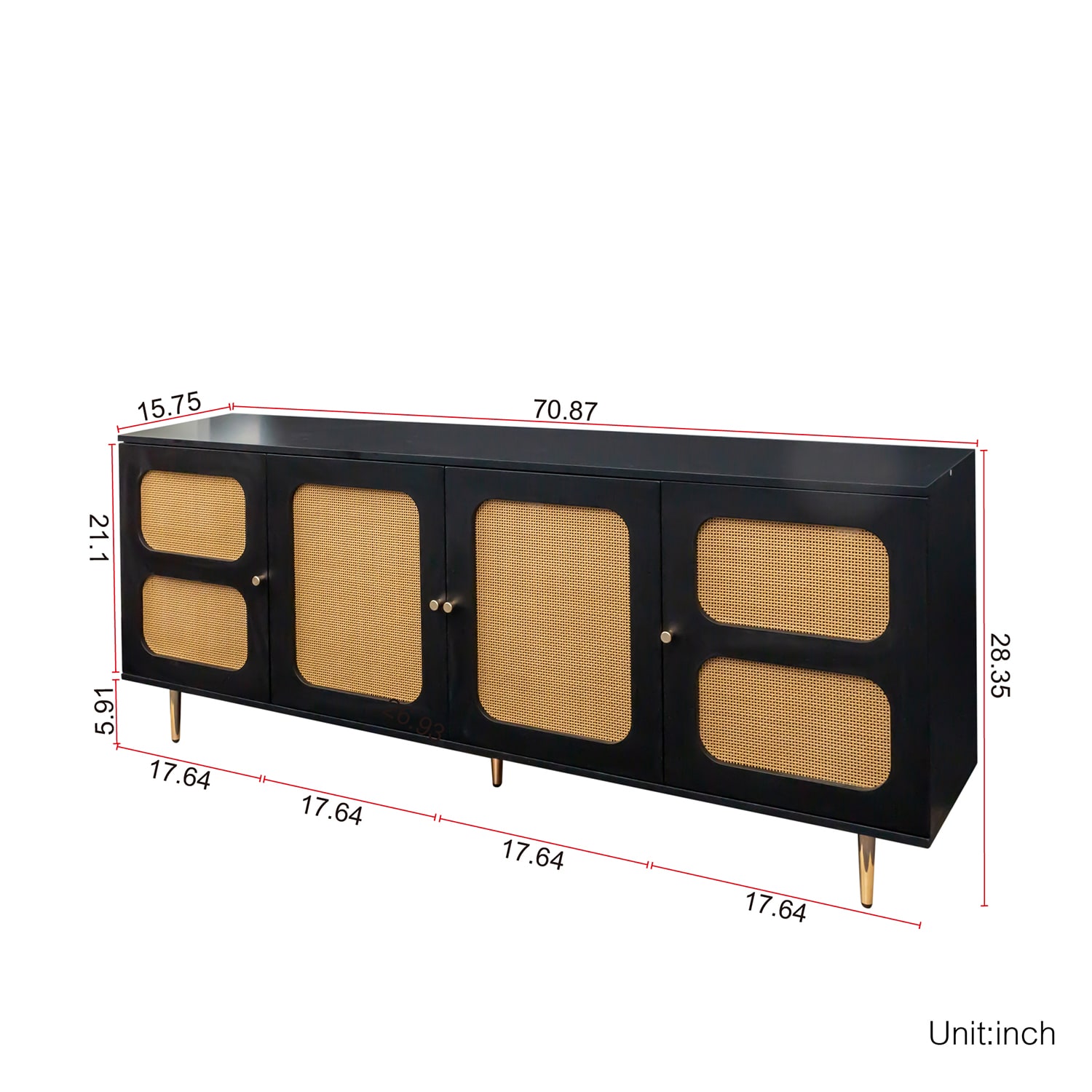 SINOFURN Black Farmhouse Sideboard Buffet Cabinet with 4 Rattan Doors, Spacious Desktop, and Adjustable Shelves - Casual, Practical Design