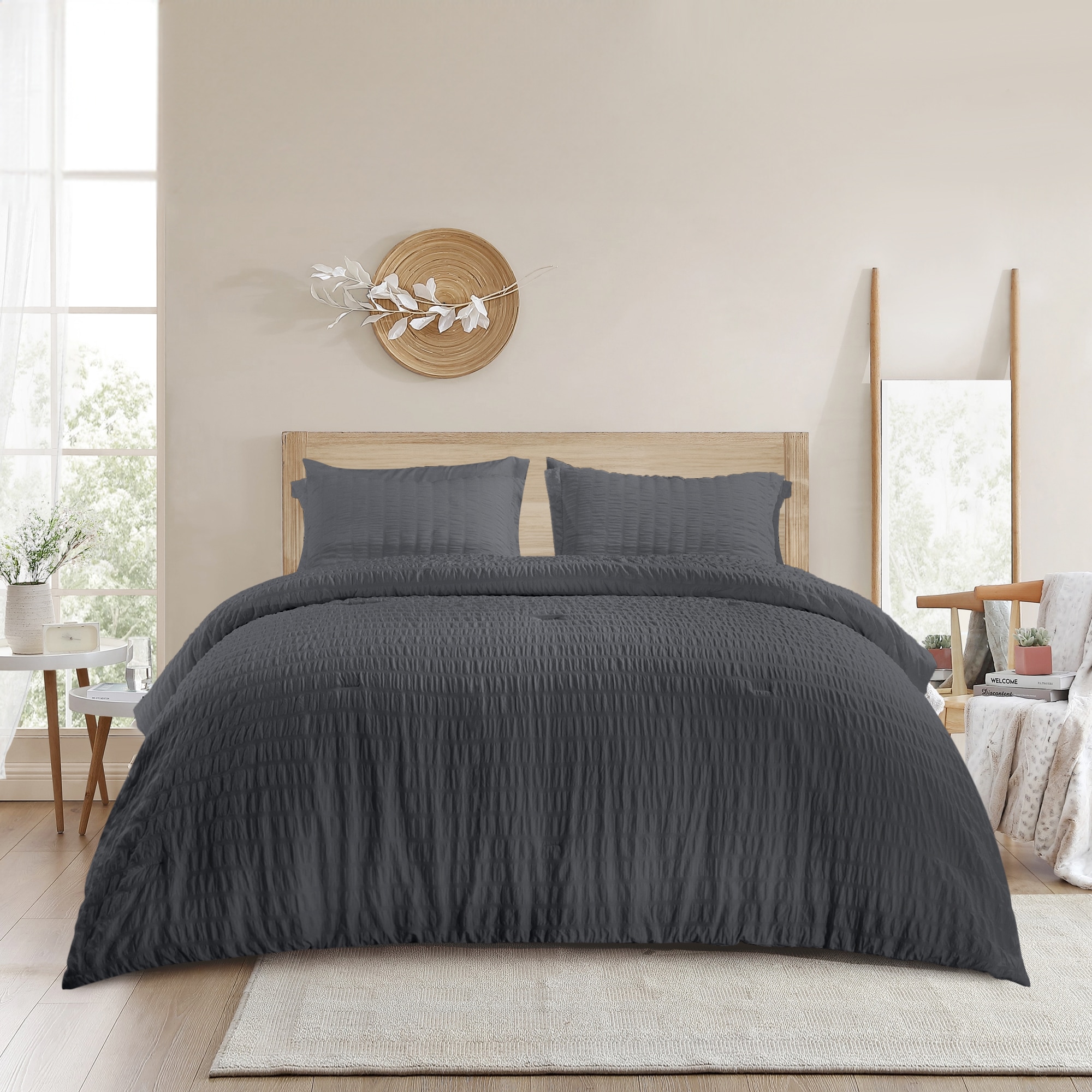 JEAREY JE-FLYRPT-NV-K Seersucker 7 -Piece Gray King Comforter Set