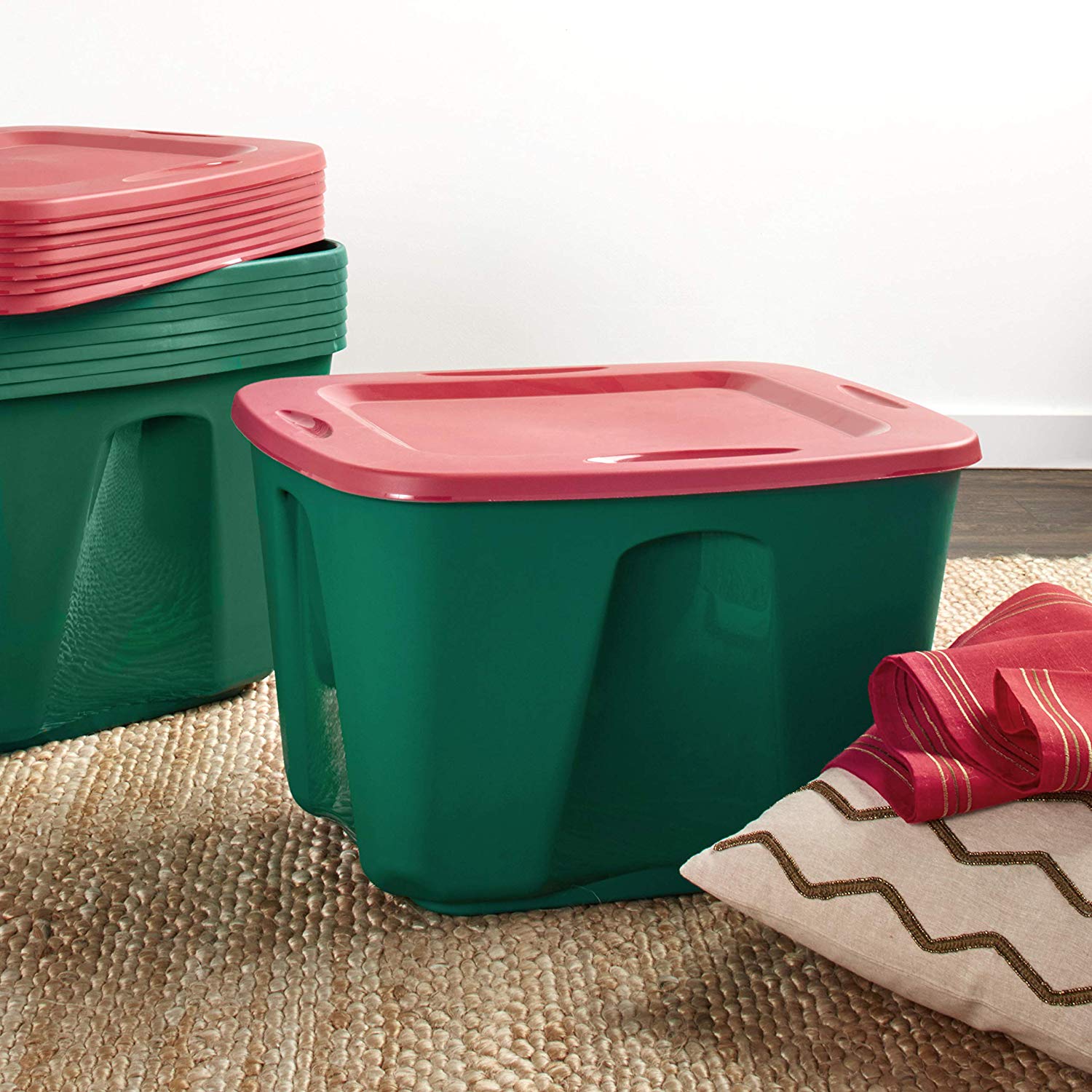 Hefty 18 Gallon Plastic Storage Tote with HIRISE Lid, Holiday Green, Set of  6 