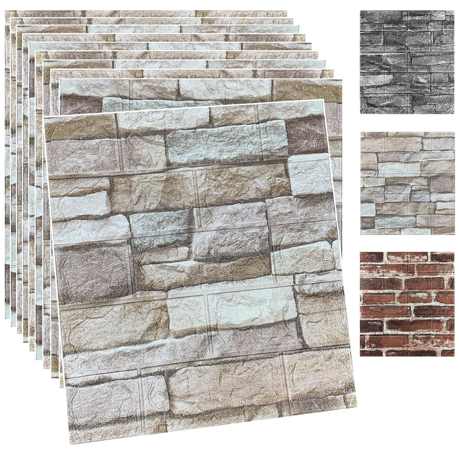 Luupatchy 3D Peel and Stick Foam Brick Wall Panels Faux Stone Self-Adhesive Wallpaper 7mm Thick 10-Piece Set Covers 14.4 Sq Ft