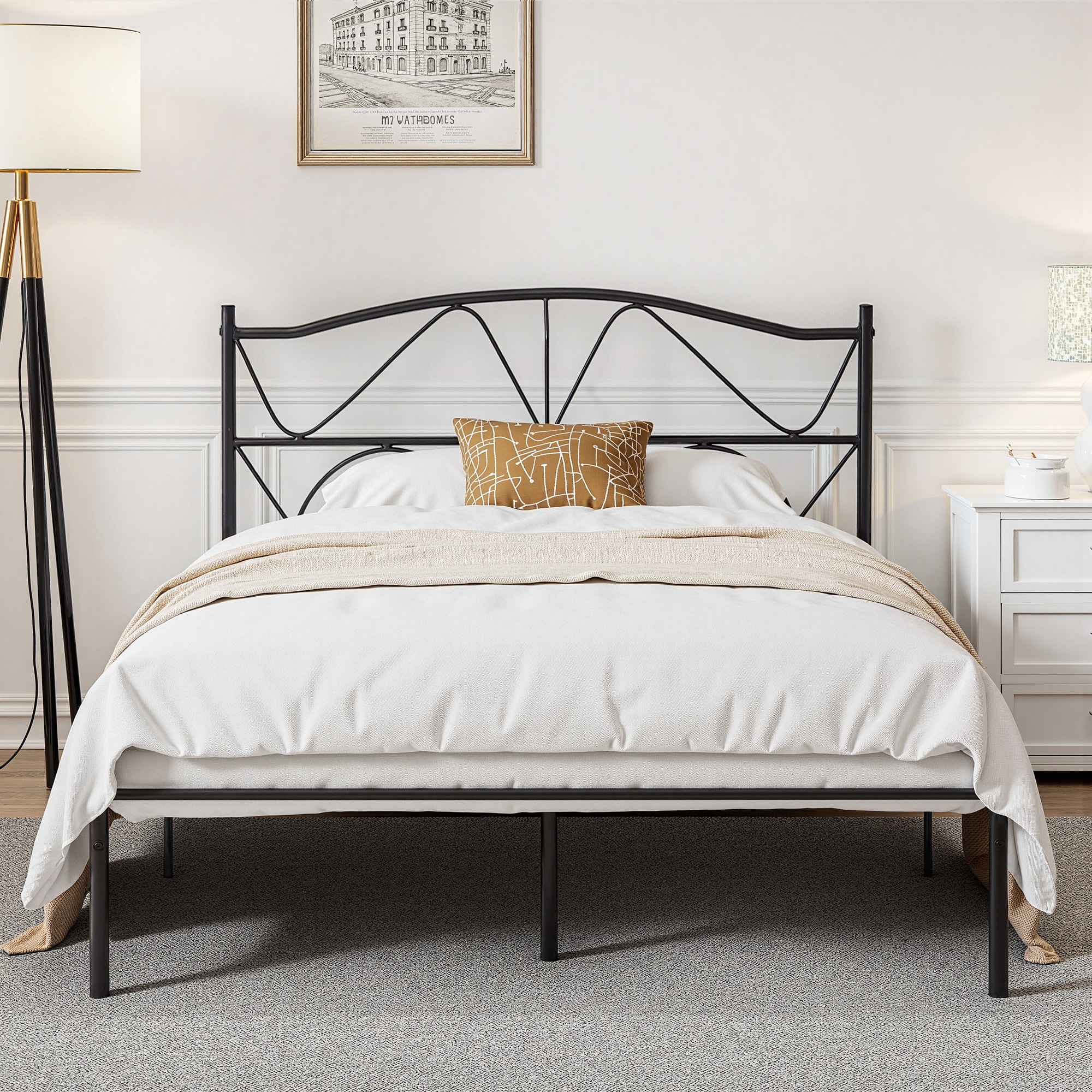 Vecelo LOE-F38-BLK Full Size Bed Frame Metal Bed Platform with Headboard Sturdy Steel Slats Support Noise Free Easy Assembly Black