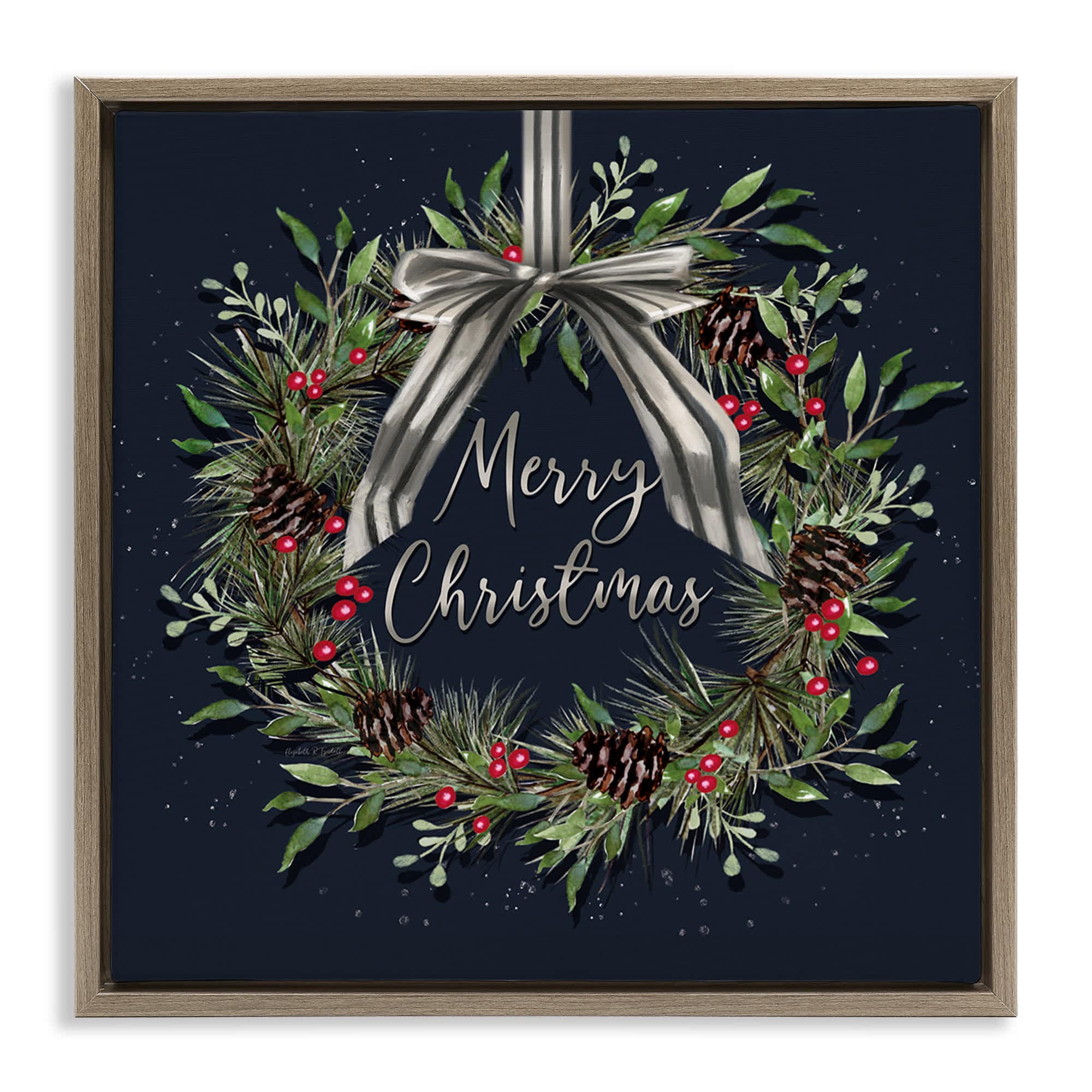 Stupell Industries BT-527-FFE-24X24 Hanging Christmas Wreath with Bow Brown Framed Floater Canvas Wall Art By Elizabeth Tyndall 25 x 25